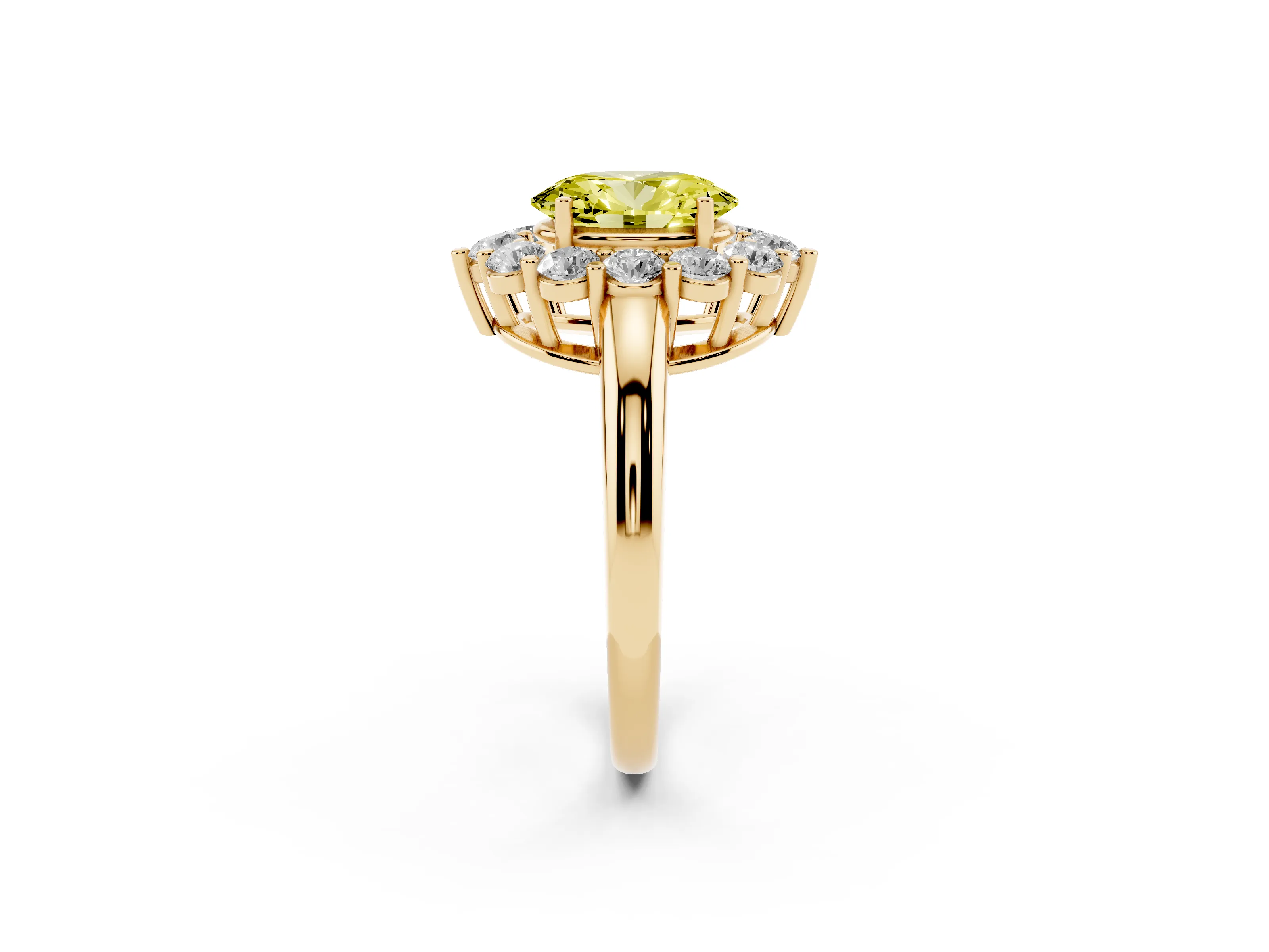 Fancy Yellow Oval Cut Diamond Halo Cluster Engagement Ring Set in Yellow gold with Polished Band and Prong Setting
