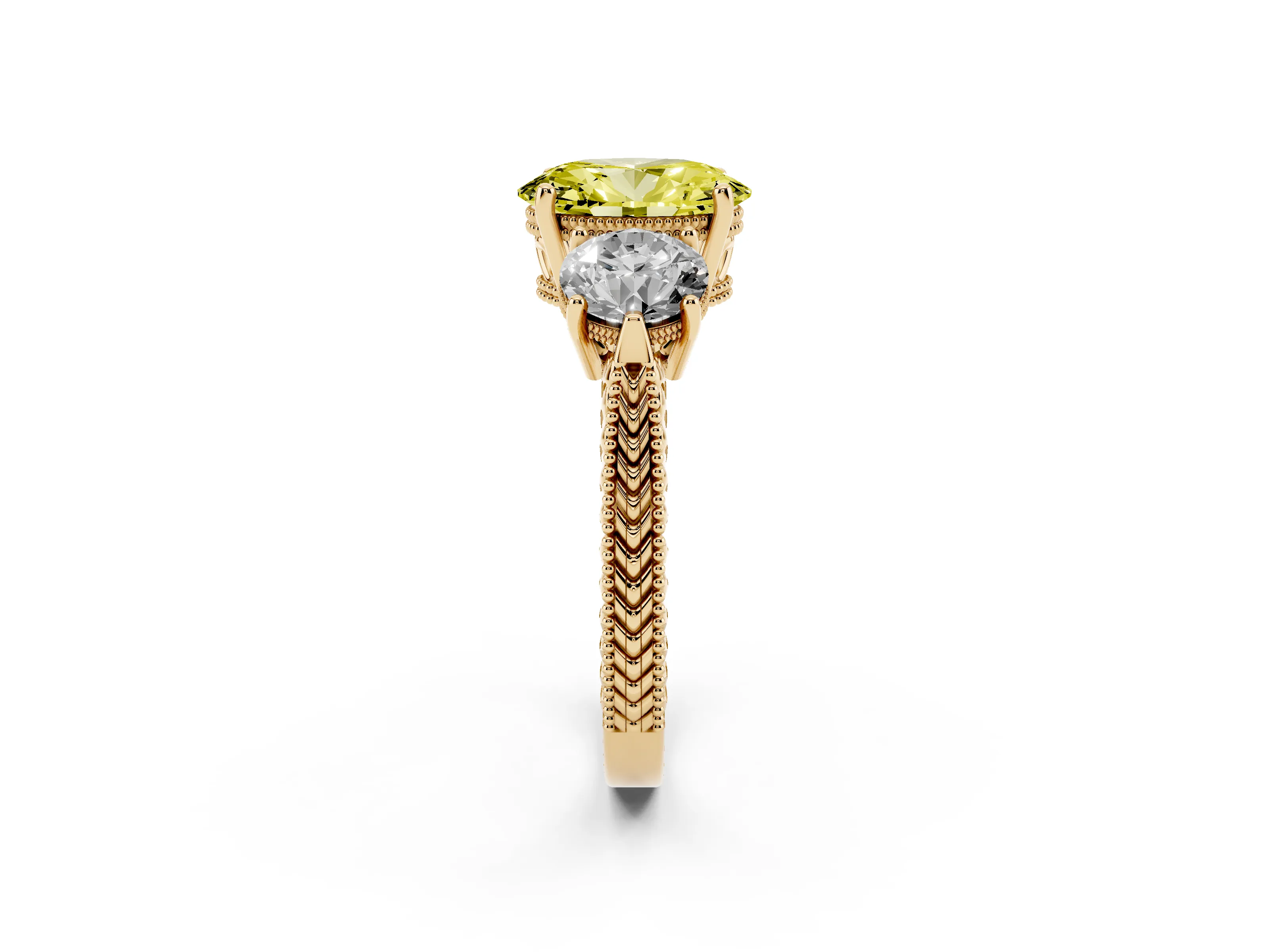 Fancy Yellow Oval Cut Diamond Three-Stone Ring Set in Yellow gold with Milgrain Band