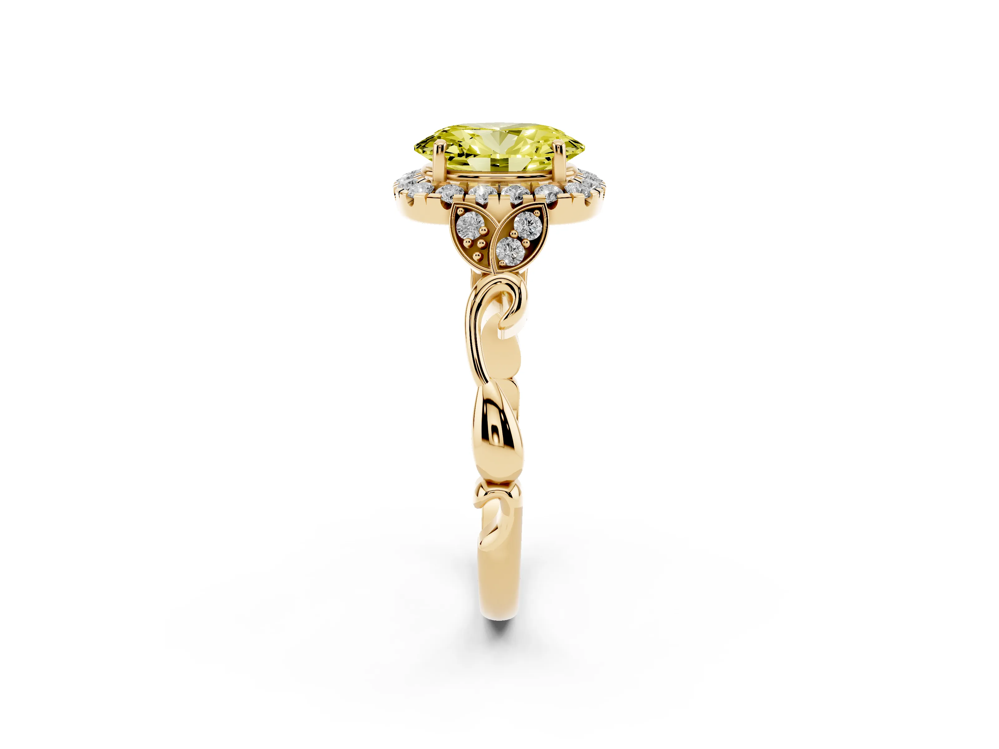 Fancy Yellow Oval Cut Diamond Halo Engagement Ring Set in Yellow gold with Vintage-Inspired Band and Prong Setting
