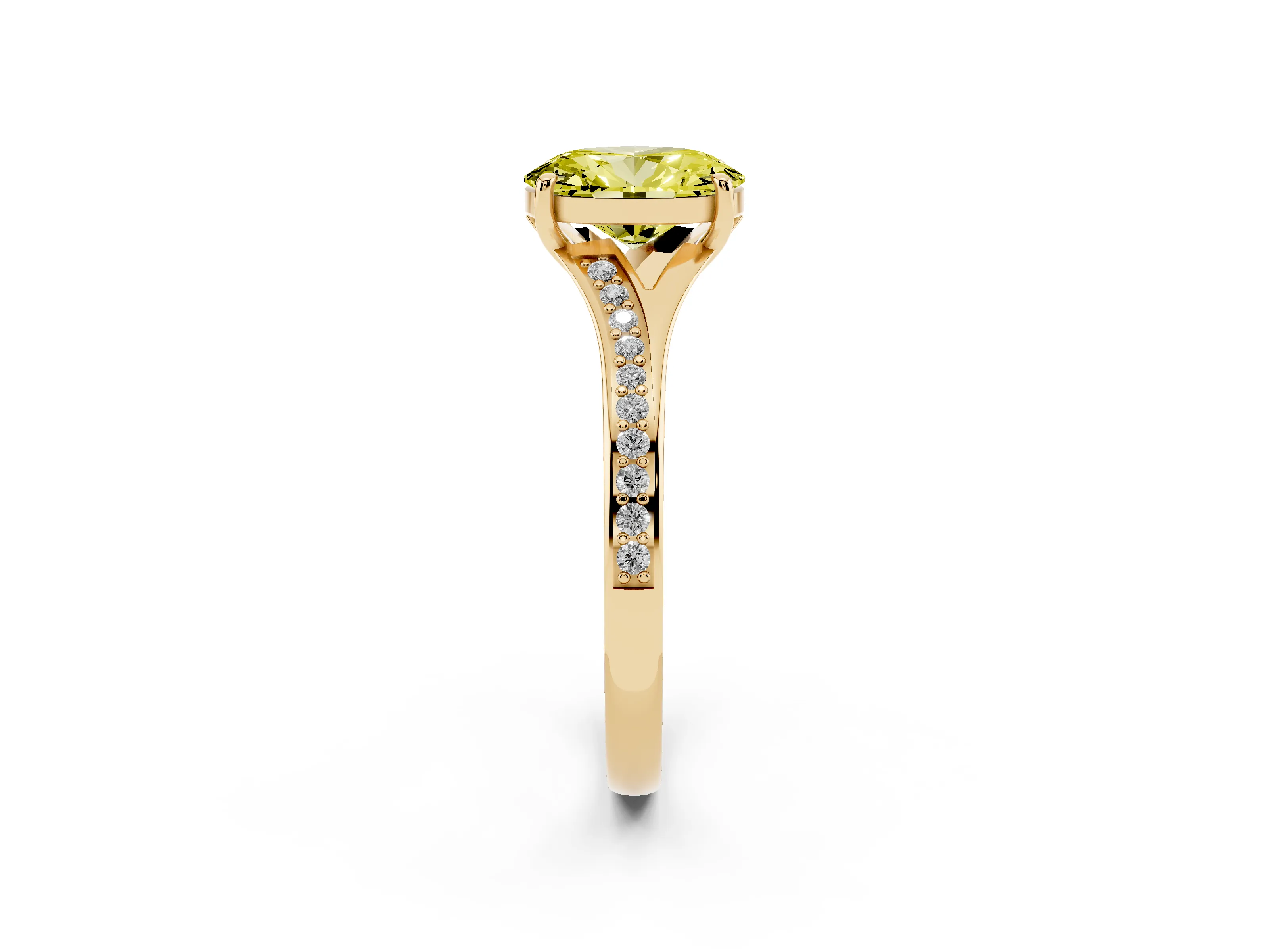 Fancy Yellow Oval Cut Diamond Solitaire Ring Set in Yellow gold with Pavé Accent Band and Classic Prong Setting