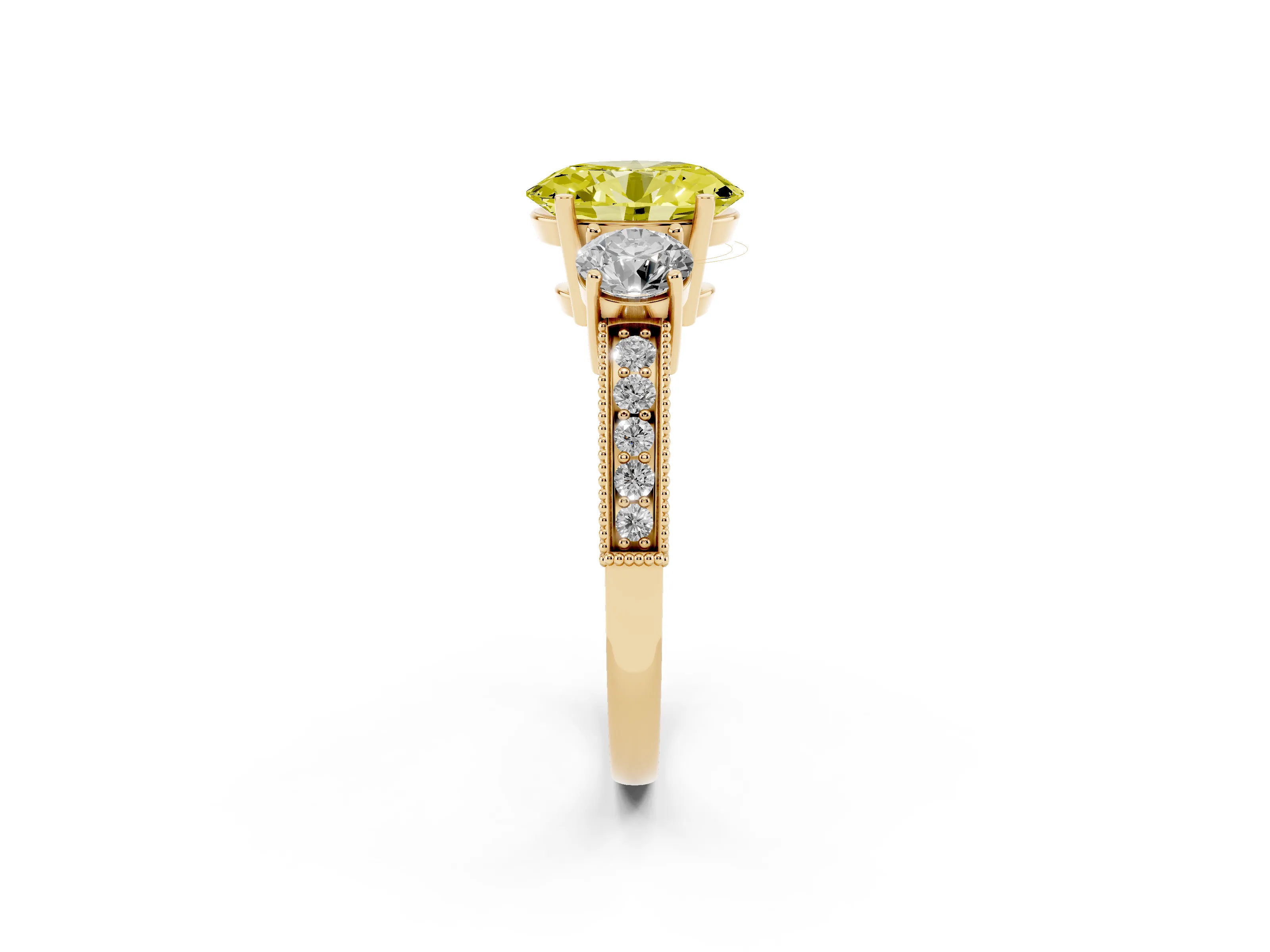 Fancy Yellow Oval Cut Diamond Three-Stone Ring Set in Yellow gold with Round Side Stones and Pavé Band