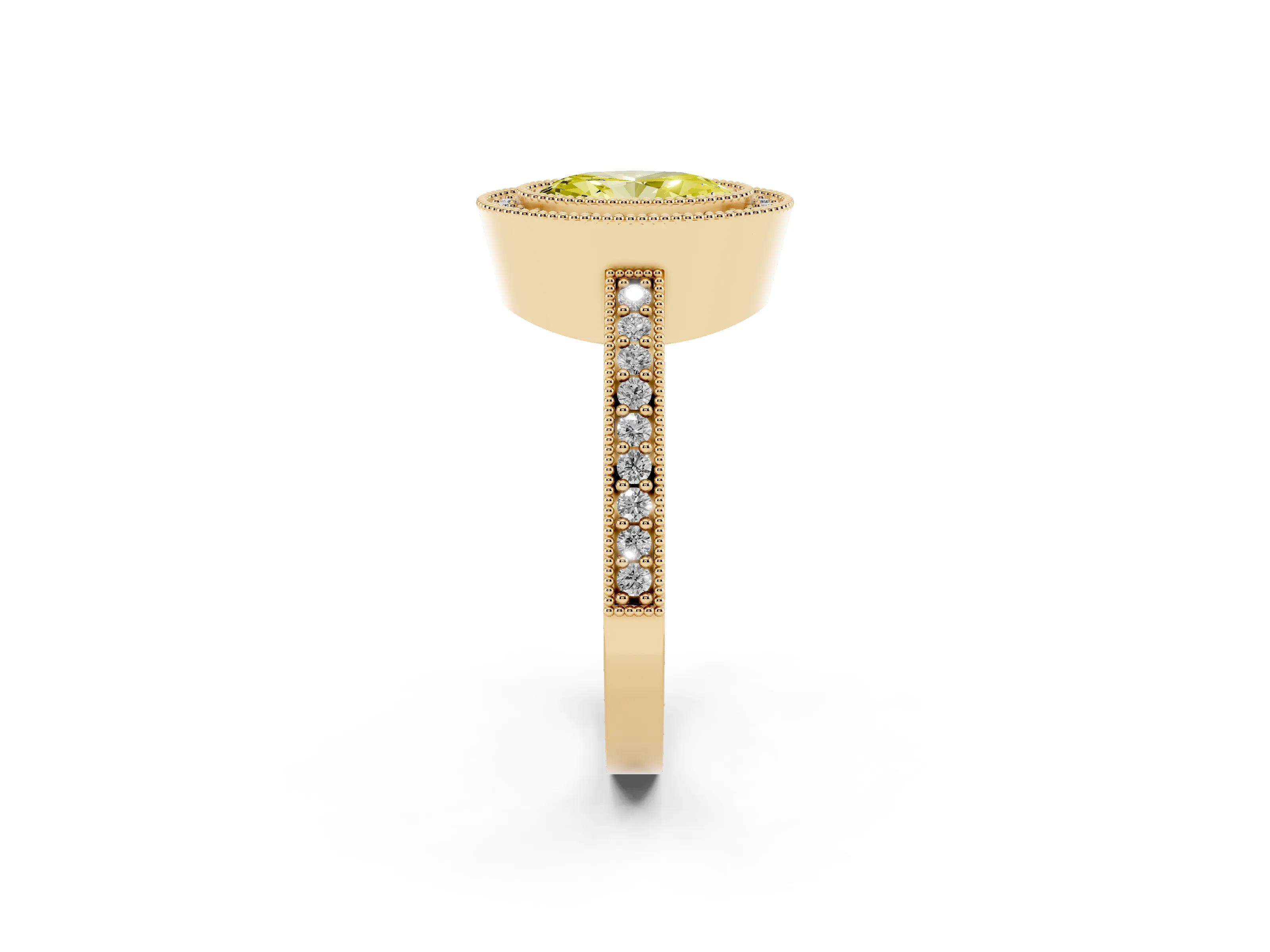 Fancy Yellow Oval Cut Diamond Halo Engagement Ring Set in Yellow gold with Pavé Band and Round Halo Stones