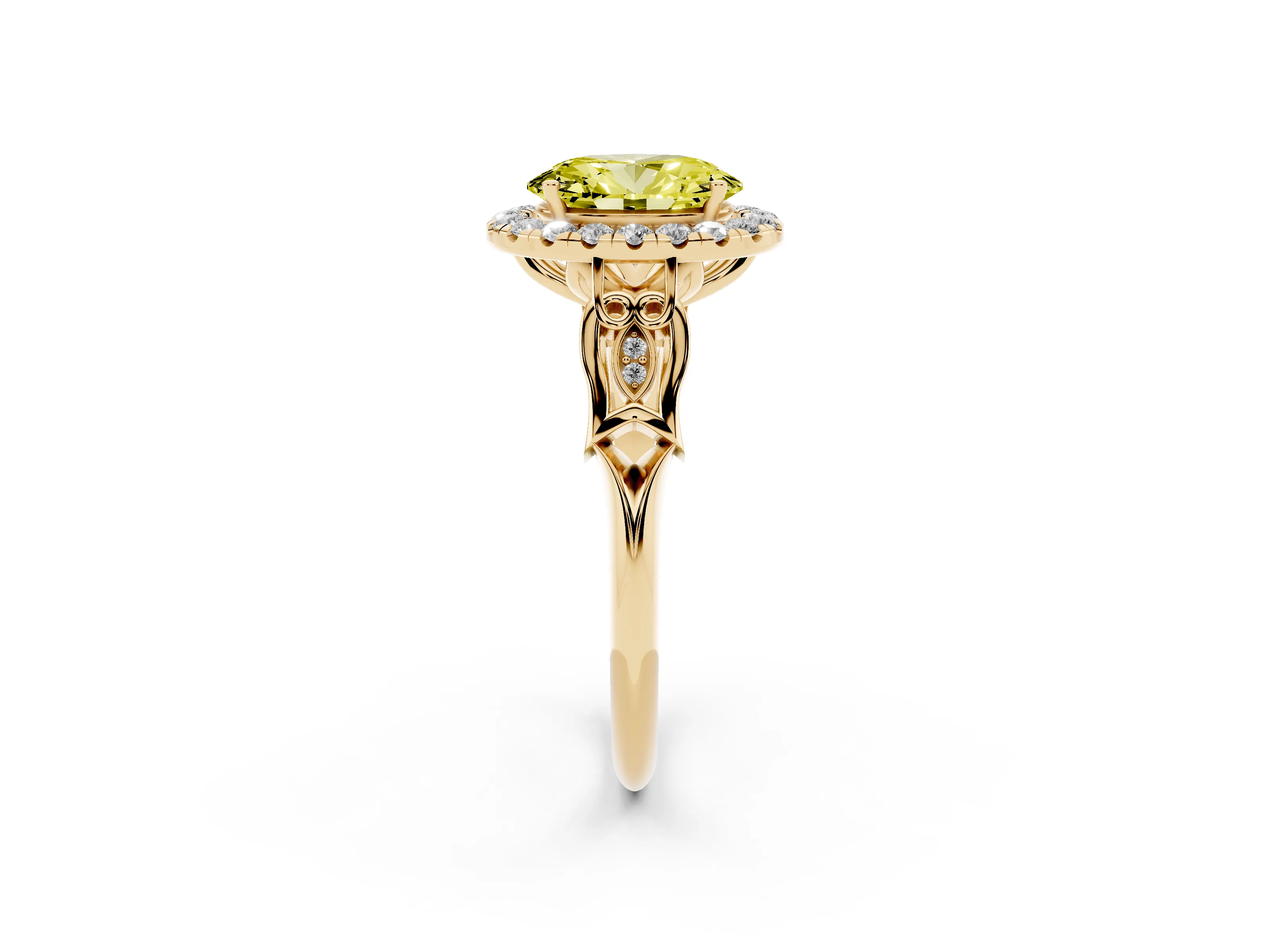 Fancy Yellow Oval Cut Diamond Halo Engagement Ring Set in Yellow gold with Filigree Band and Prong-Set Center