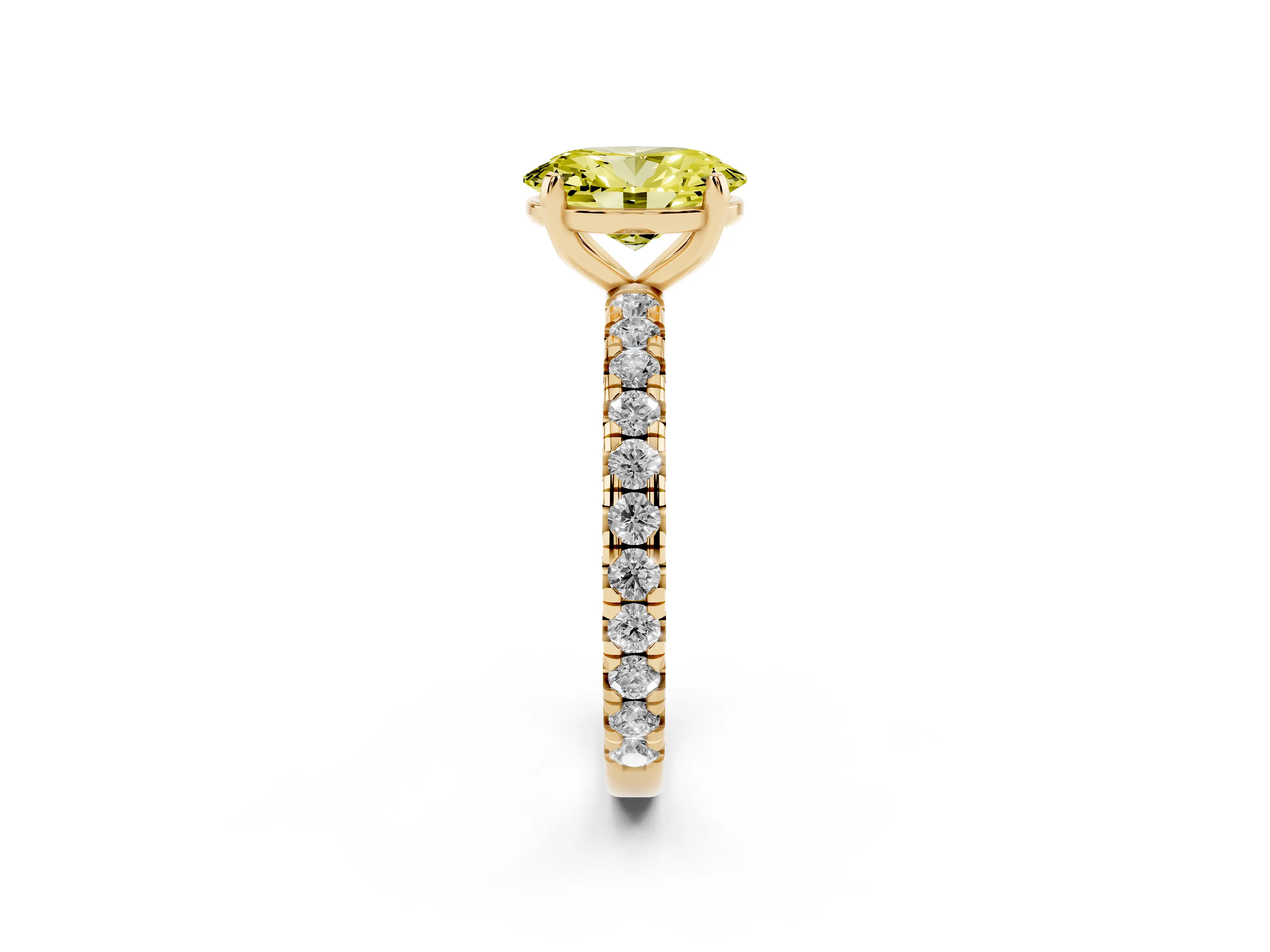 Fancy Yellow Oval Cut Diamond Pavé Solitaire Ring Set in Yellow gold with Round Band and Prong Setting