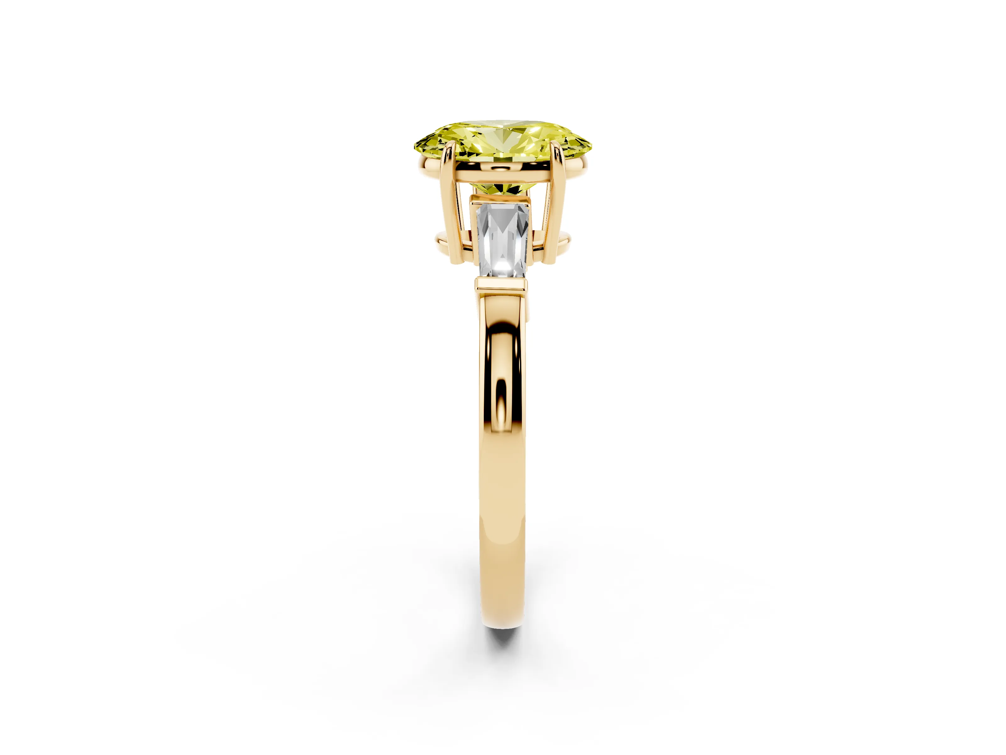 Fancy Yellow Oval Cut Diamond Three-Stone Ring Set in Yellow gold with Tapered Baguette Side Stones and Prong Setting