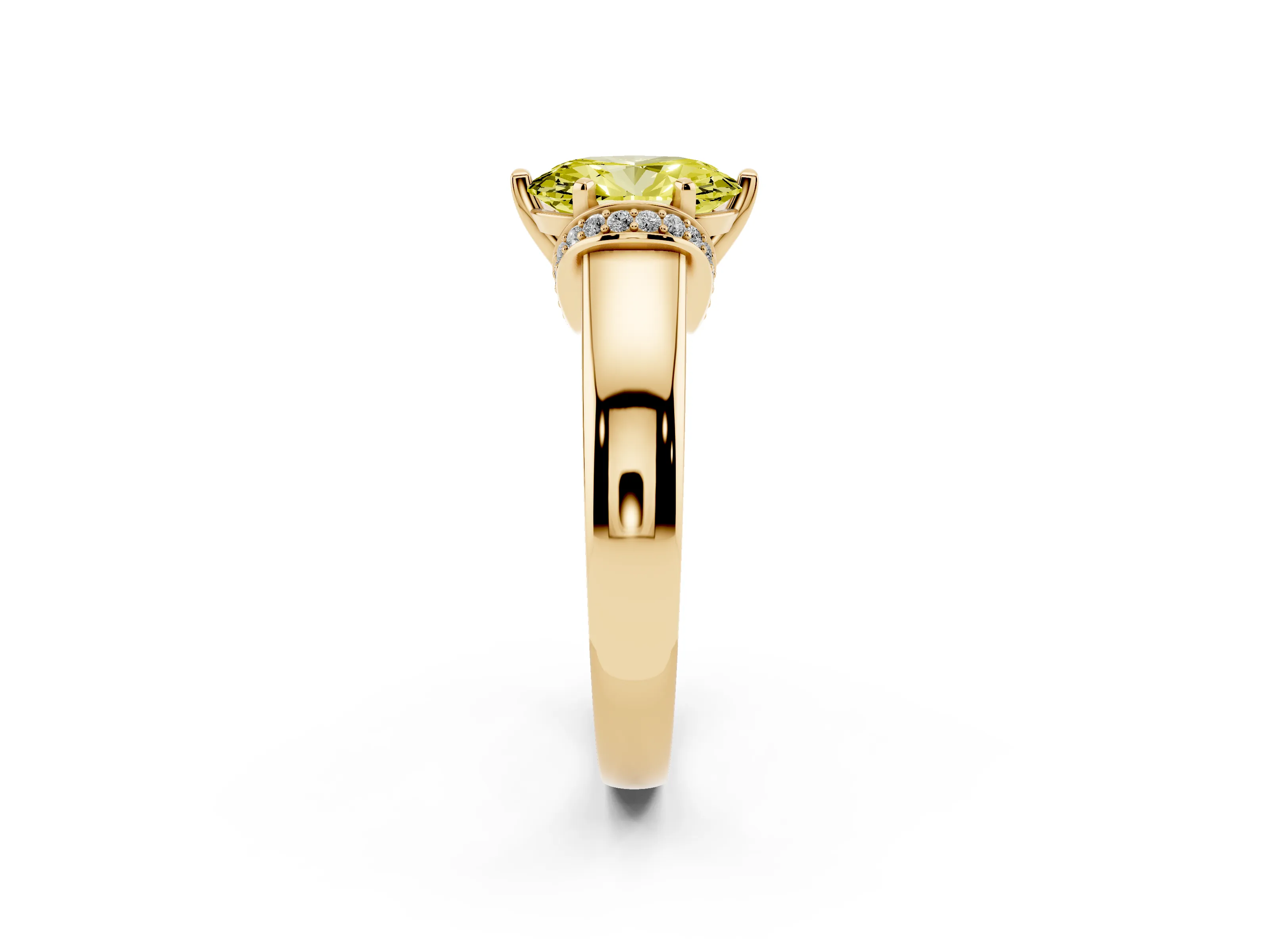 Fancy Yellow Oval Cut Diamond Pavé Band Solitaire Ring Set in Yellow gold with Prong Setting