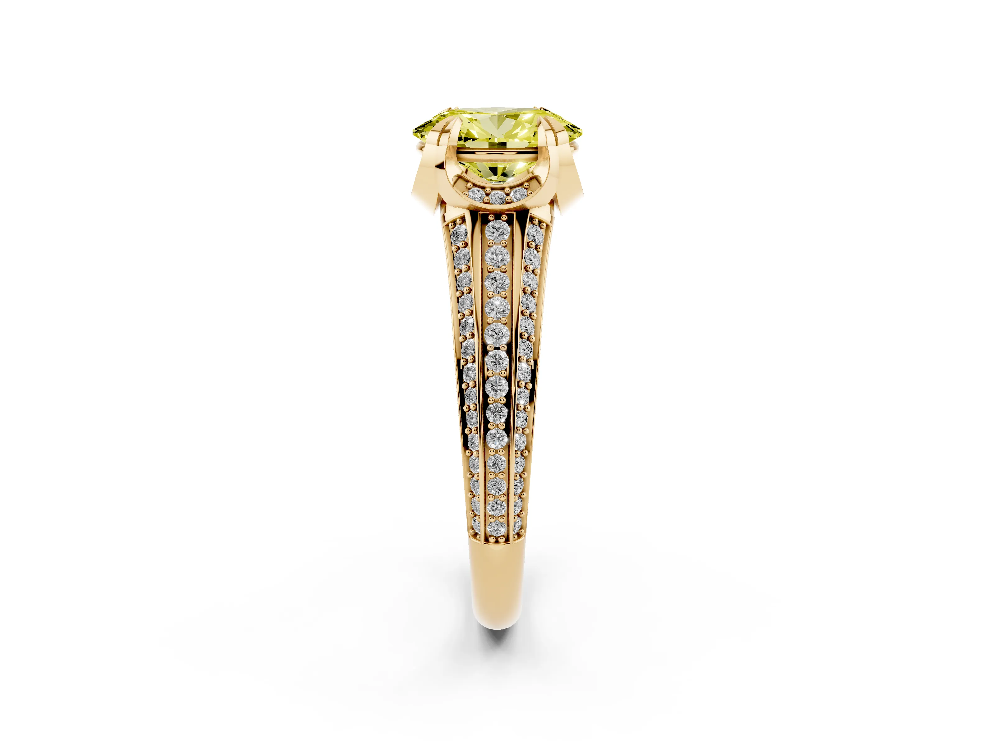 Fancy Yellow Oval Cut Diamond Pavé Split Shank Solitaire Ring Set in Yellow gold with Prong Setting