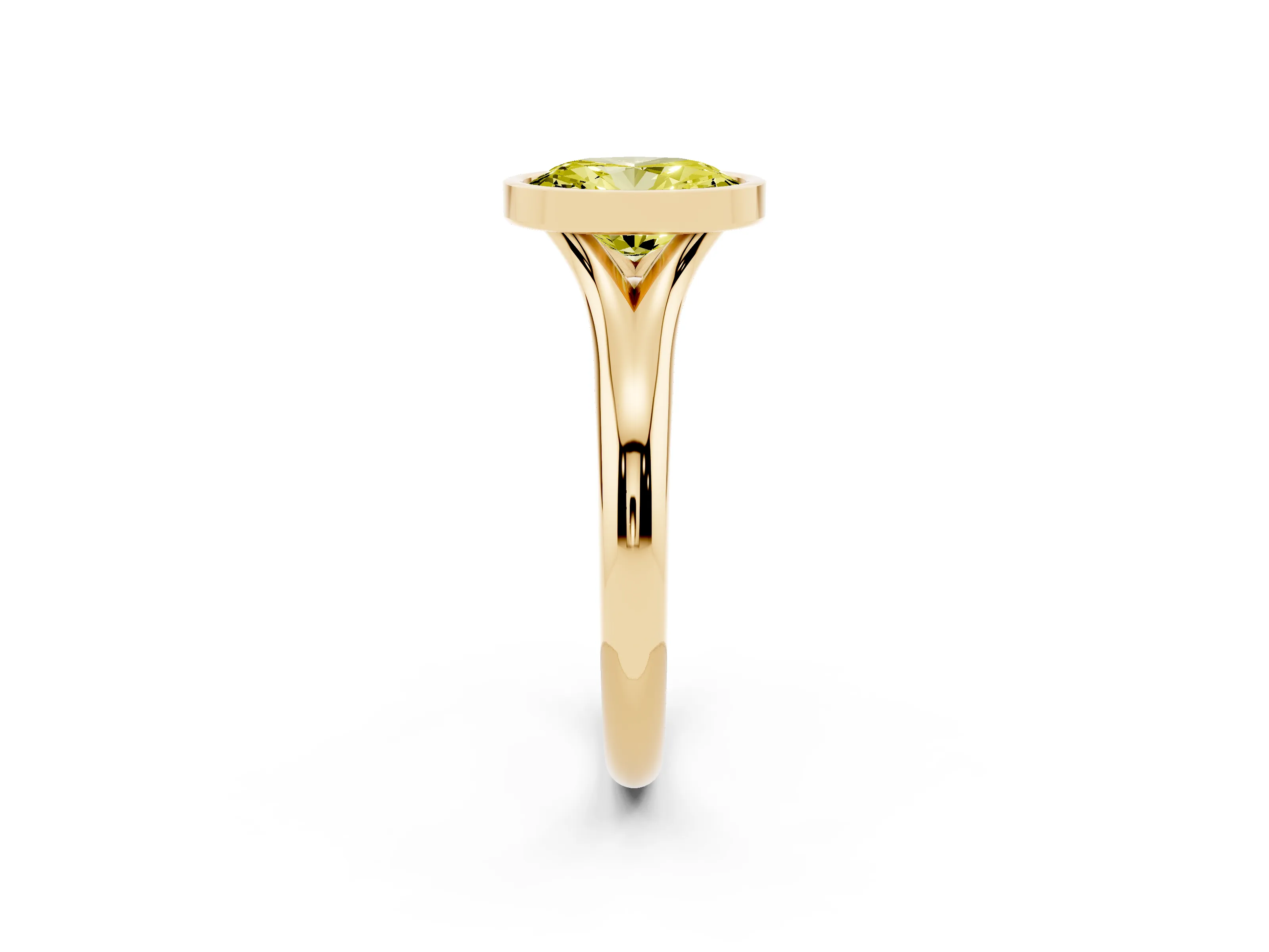 Fancy Yellow Bezel Set Oval Cut Diamond Solitaire Ring Set in Yellow gold with Smooth Band