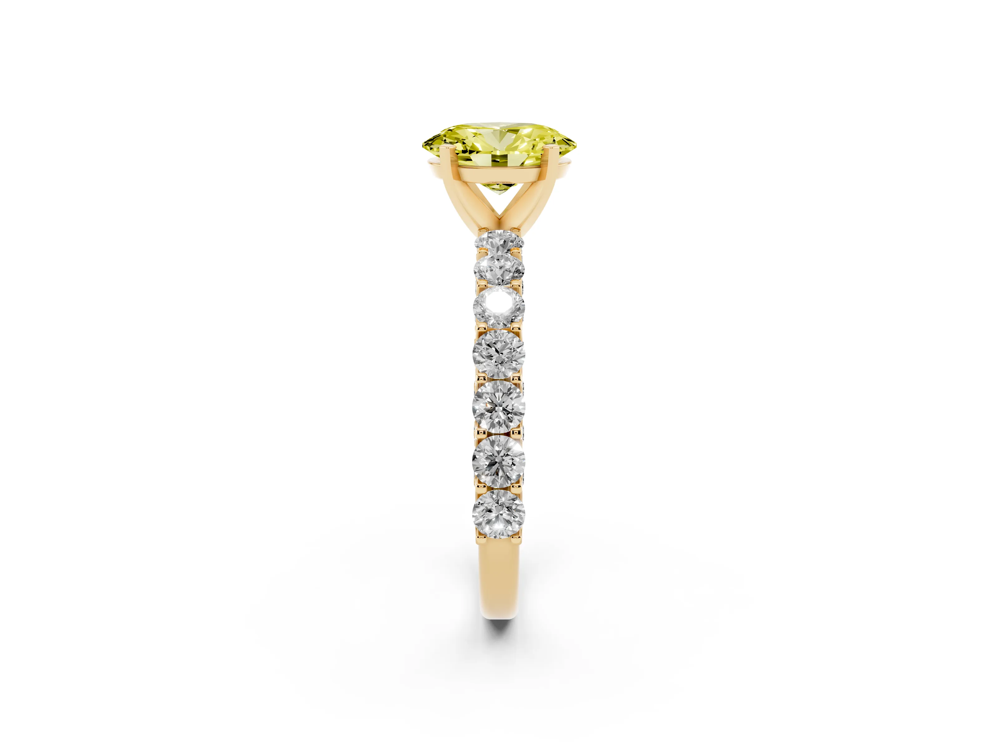Fancy Yellow Oval Cut Diamond Solitaire Ring Set in Yellow gold with Shared Prong Pavé Band