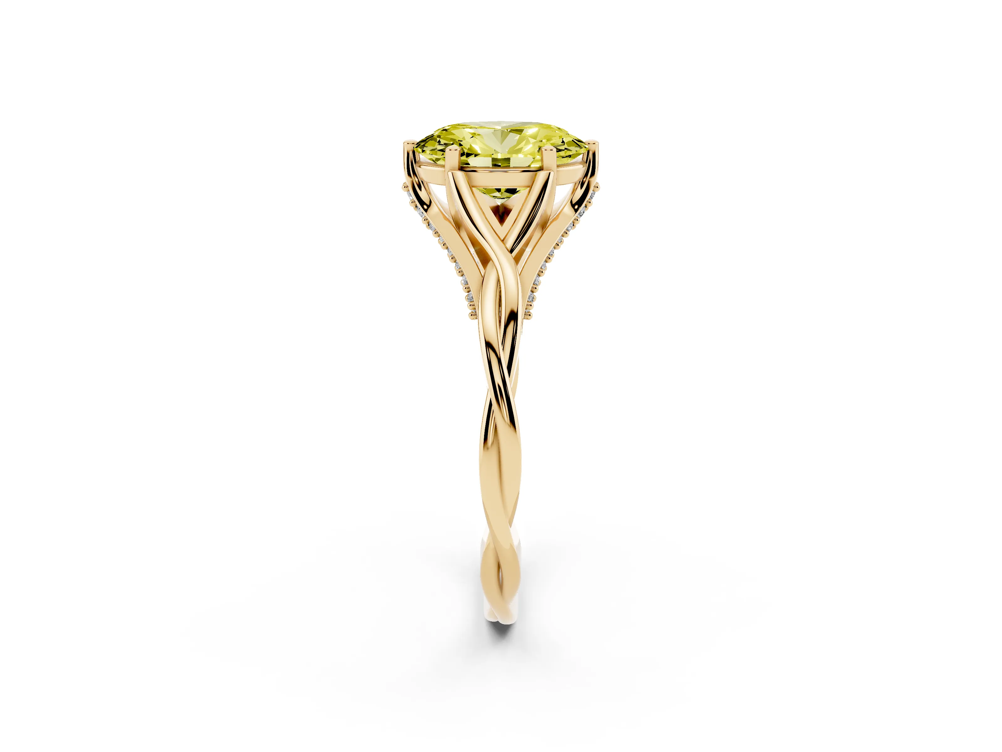 Fancy Yellow Oval Cut Diamond Intertwined Twist Band Solitaire Ring Set in Yellow gold with Prong Setting