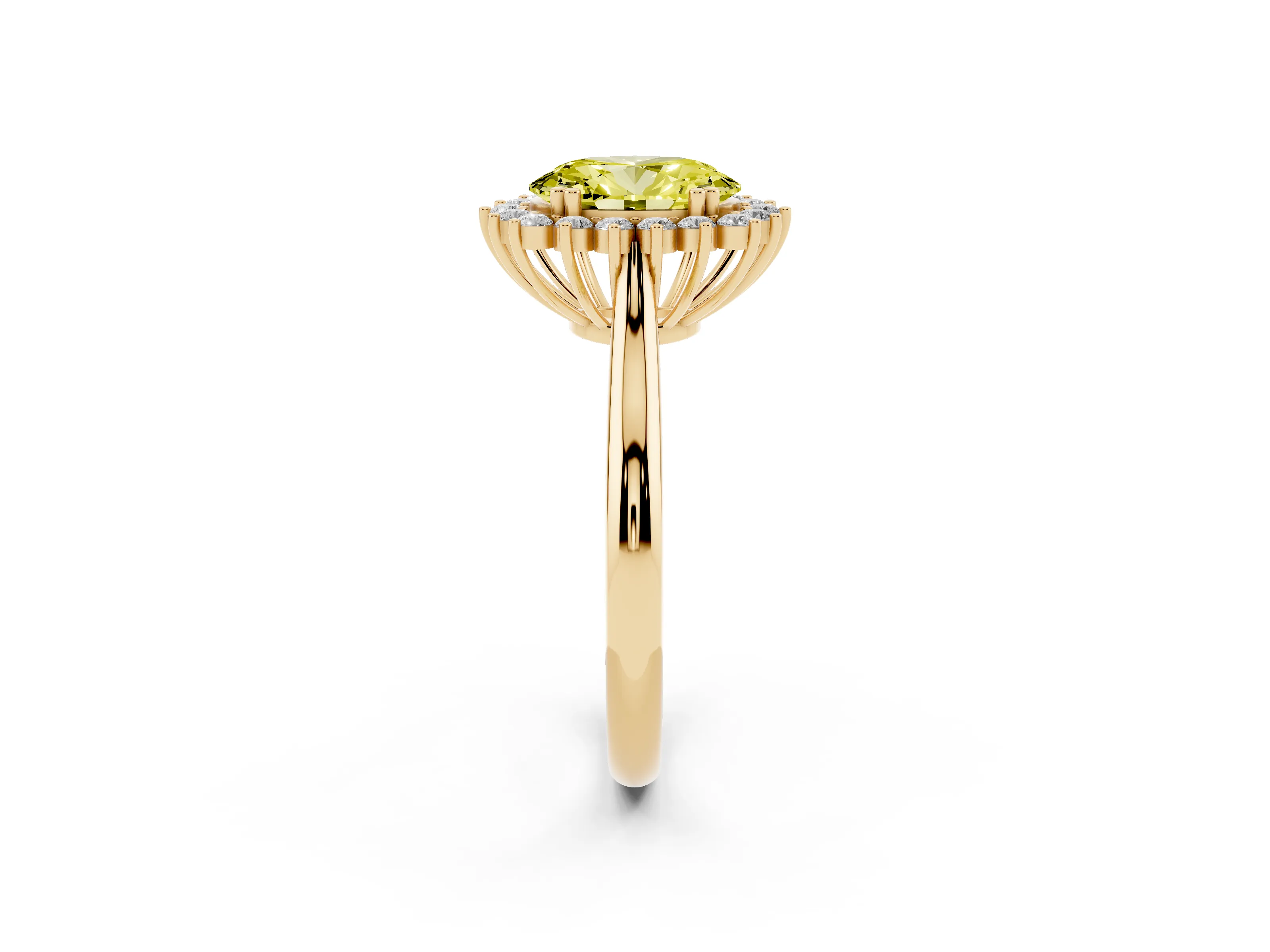 Fancy Yellow Oval Cut Diamond Halo Ring Set in Yellow gold with Plain Solitaire Band and Prong Setting