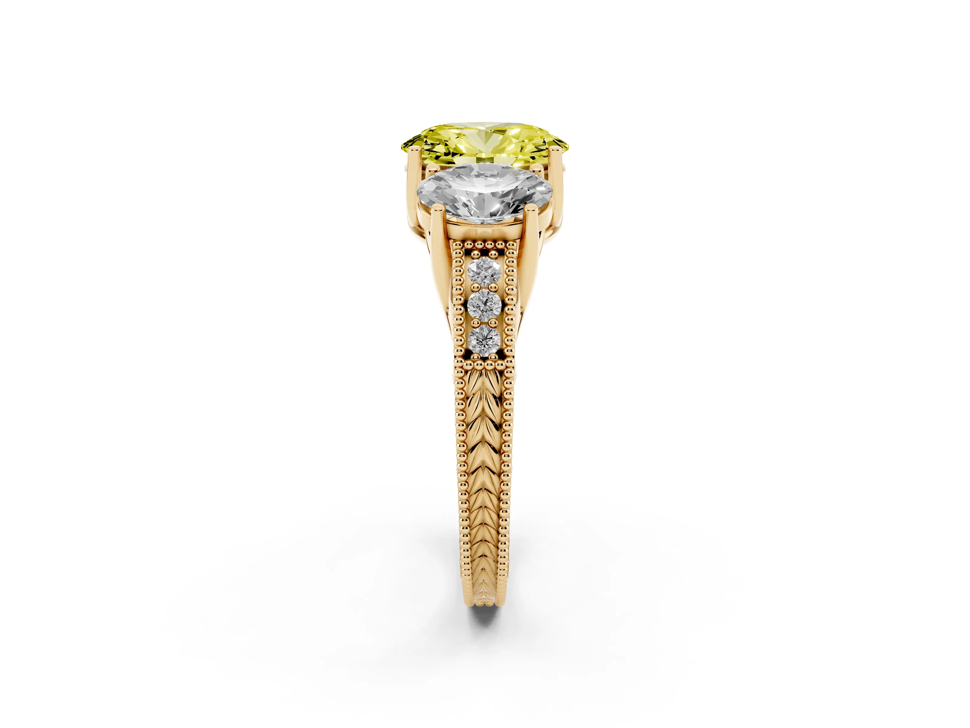 Fancy Yellow Oval Cut Diamond Three-Stone Engagement Ring Set in Yellow gold with Milgrain Pavé Band