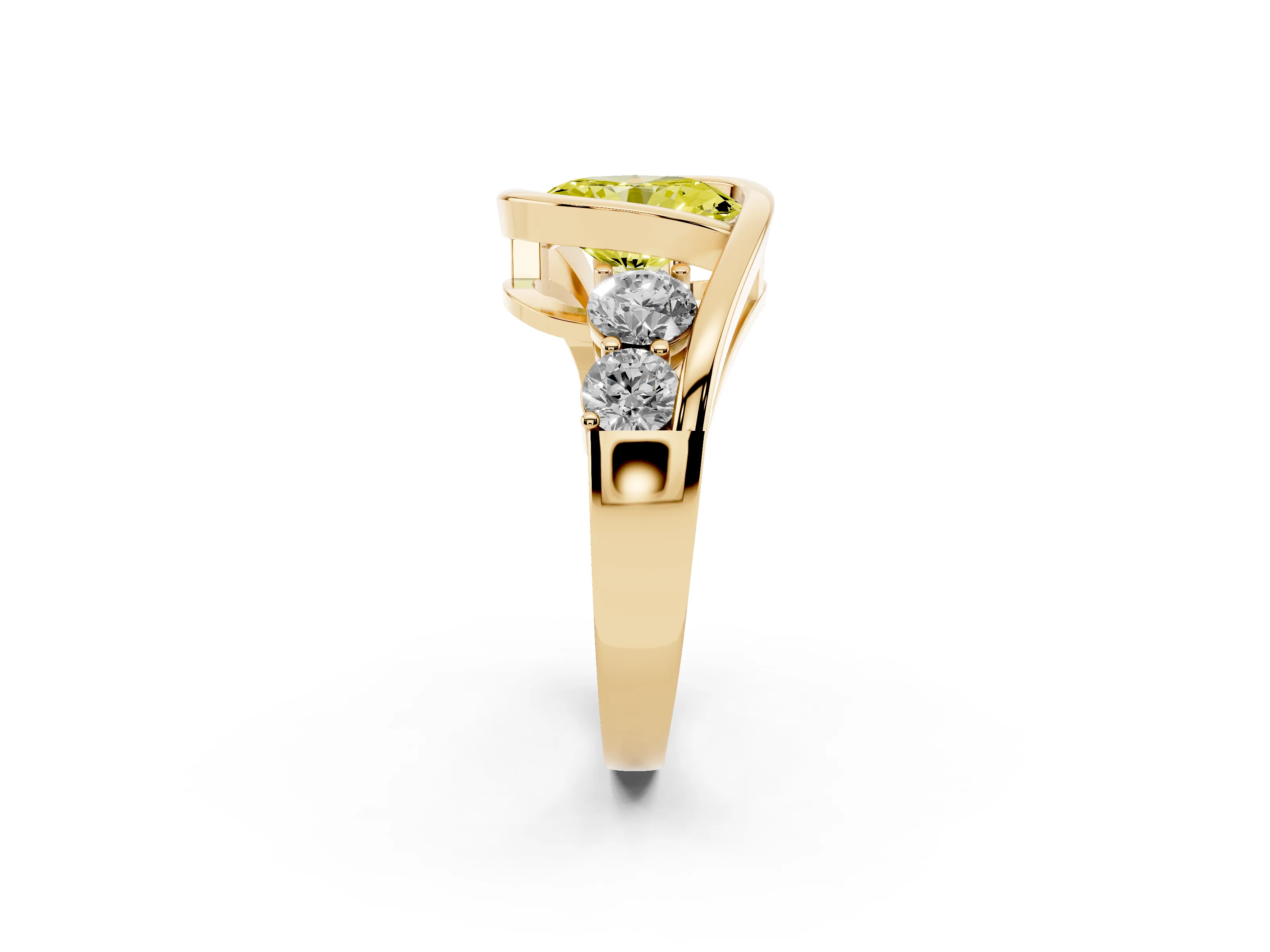 Fancy Yellow Oval Cut Diamond Bezel Bypass Ring Set in Yellow gold with Round Accents