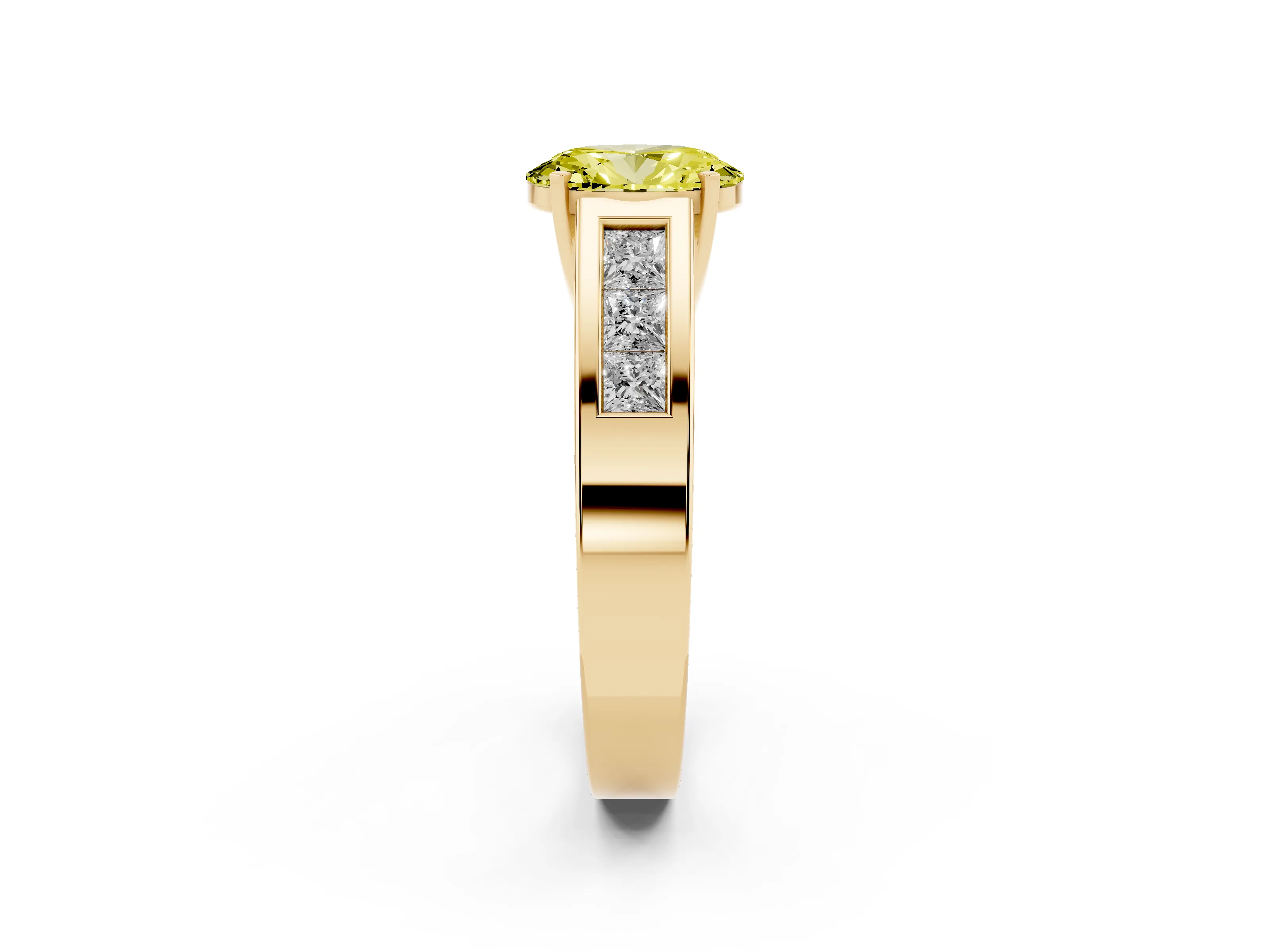 Fancy Yellow Oval Cut Diamond Solitaire Ring Set in Yellow gold with Channel-Set Accent Stones and Prong Setting