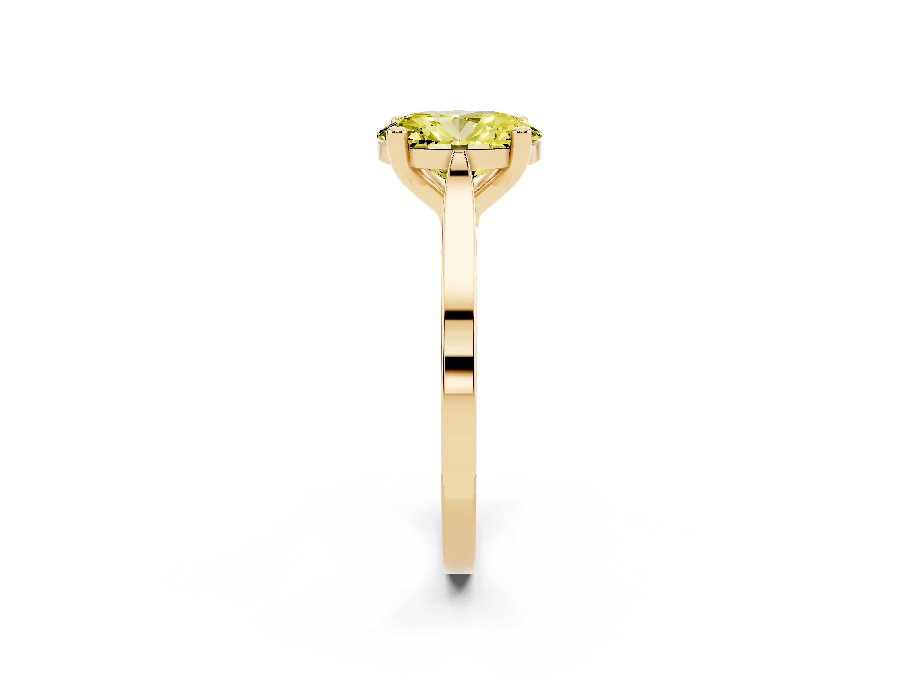Fancy Yellow Oval Cut Diamond Solitaire Ring Set in Yellow gold with Prong Setting and Tapered Band