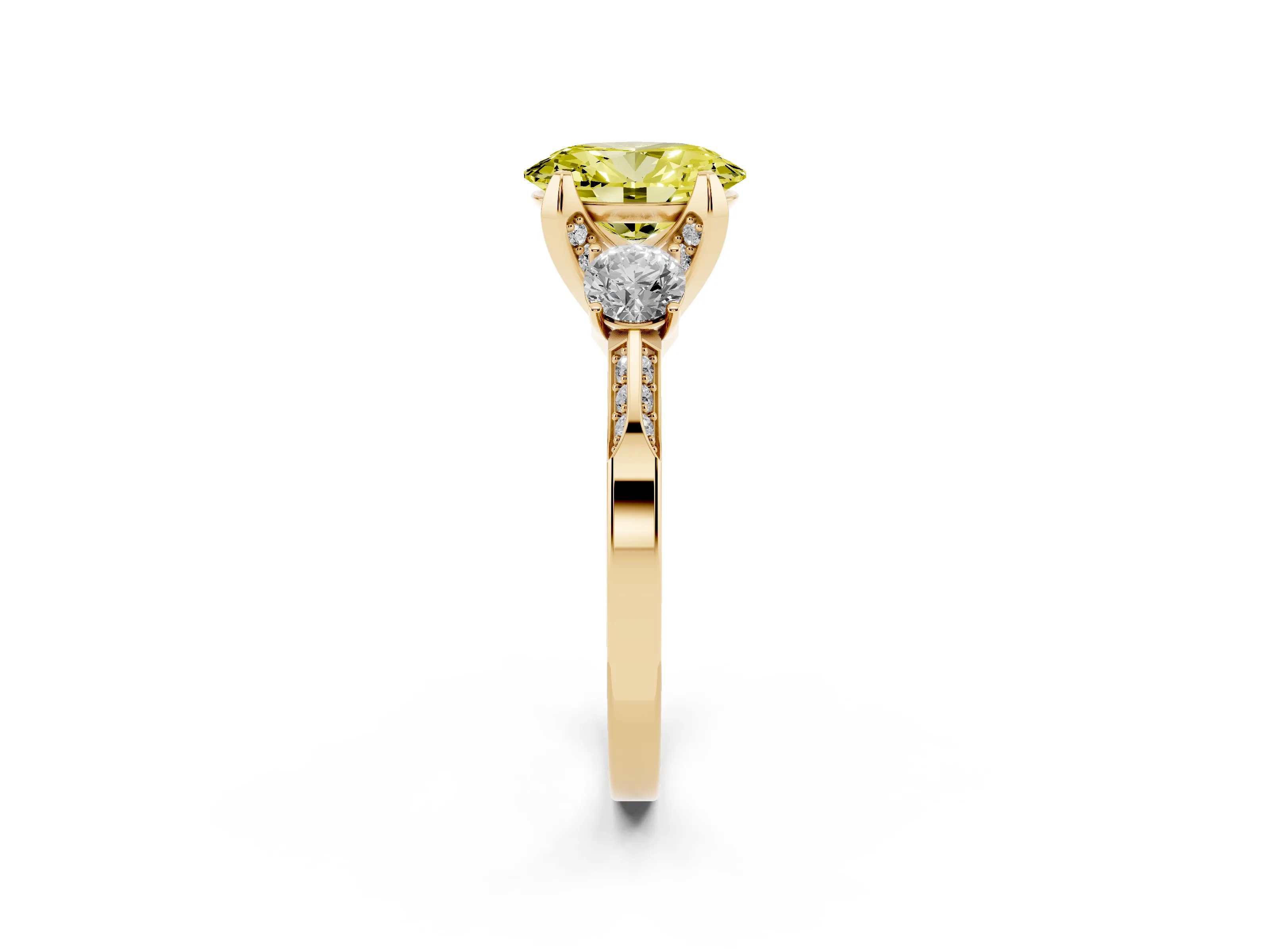 Fancy Yellow Oval Cut Diamond Three-Stone Ring Set in Yellow gold with Pavé Band and Smaller Side Stones