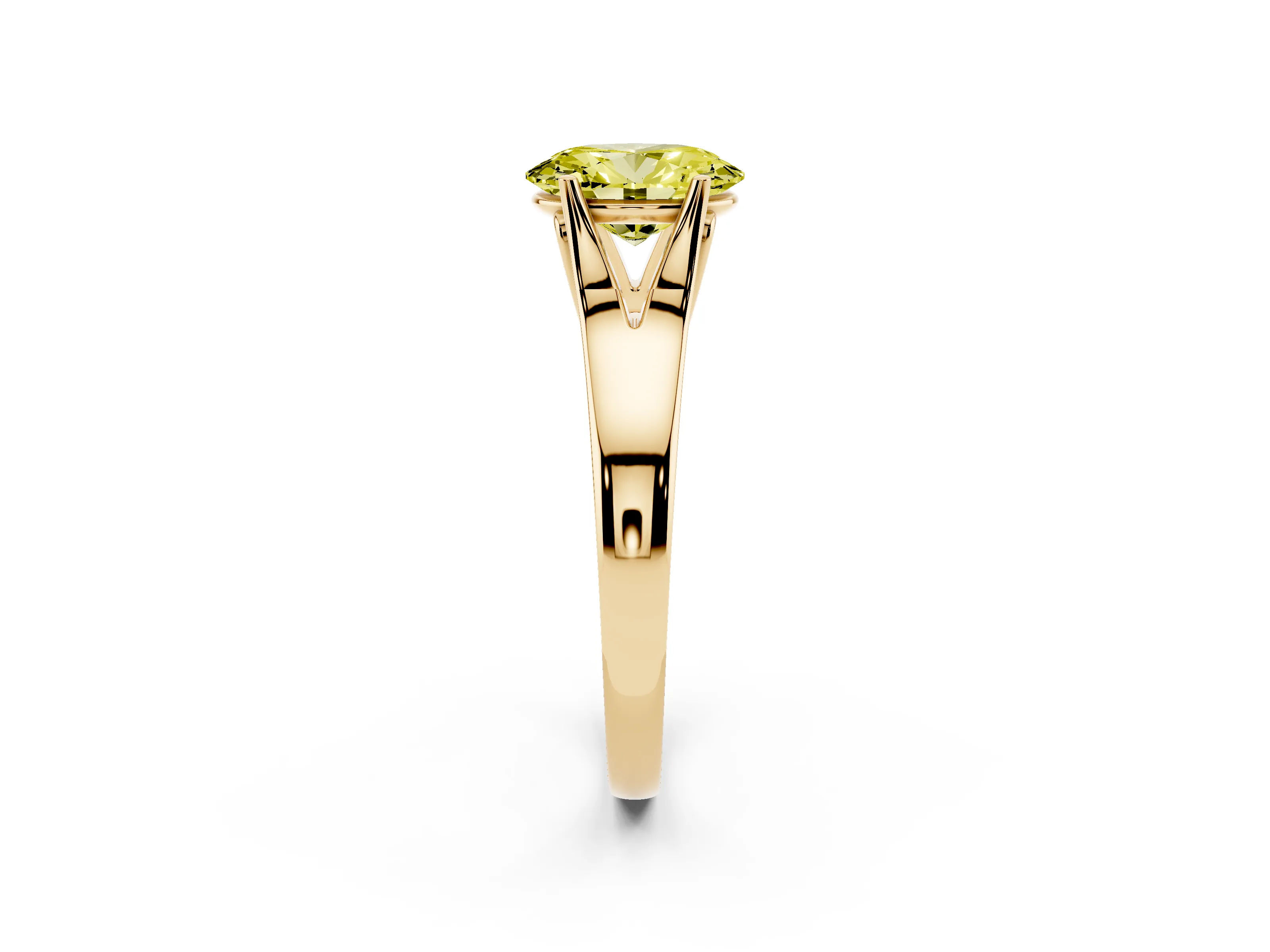 Fancy Yellow Oval Cut Diamond Solitaire Ring Set in Yellow gold with Arched Cathedral Band and Prong Setting