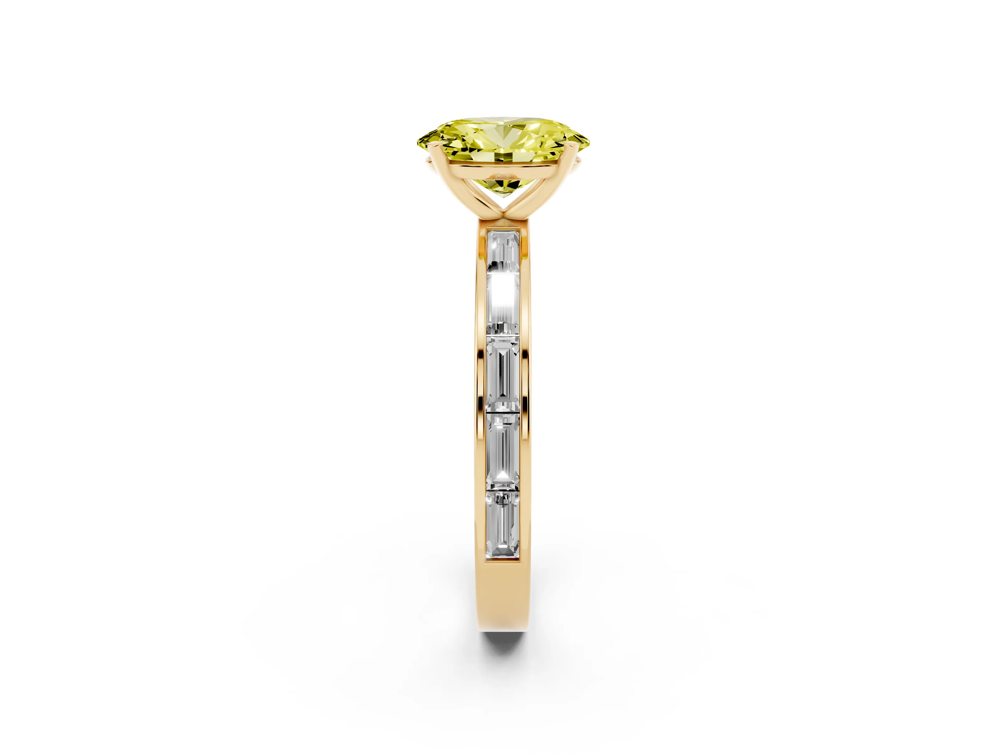 Fancy Yellow Oval Cut Diamond Solitaire Ring Set in Yellow gold with Channel-Set Baguette Band and Prong Setting
