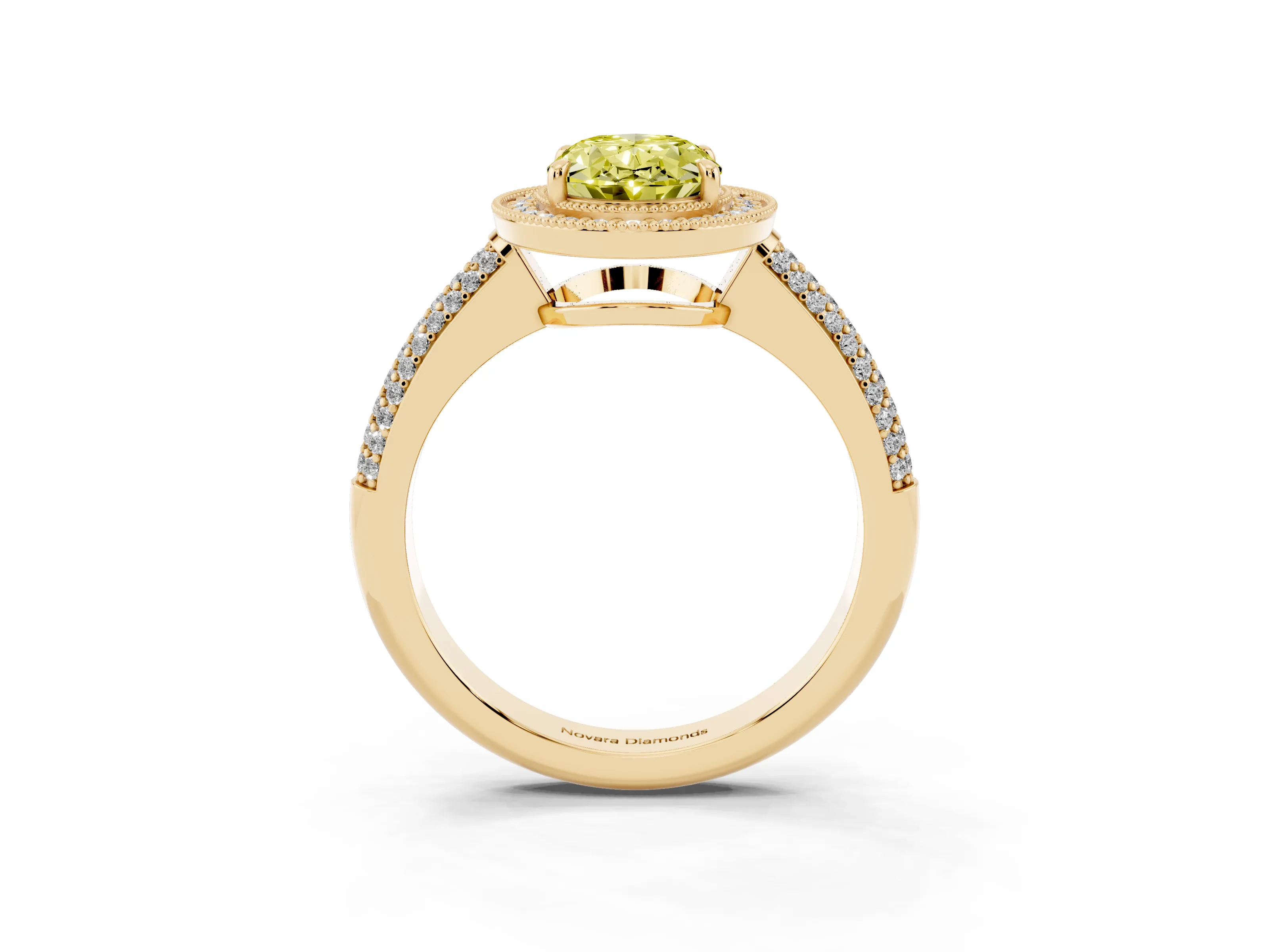 Fancy Yellow Oval Cut Diamond Halo Pavé Band Set in Yellow gold with Prong Setting