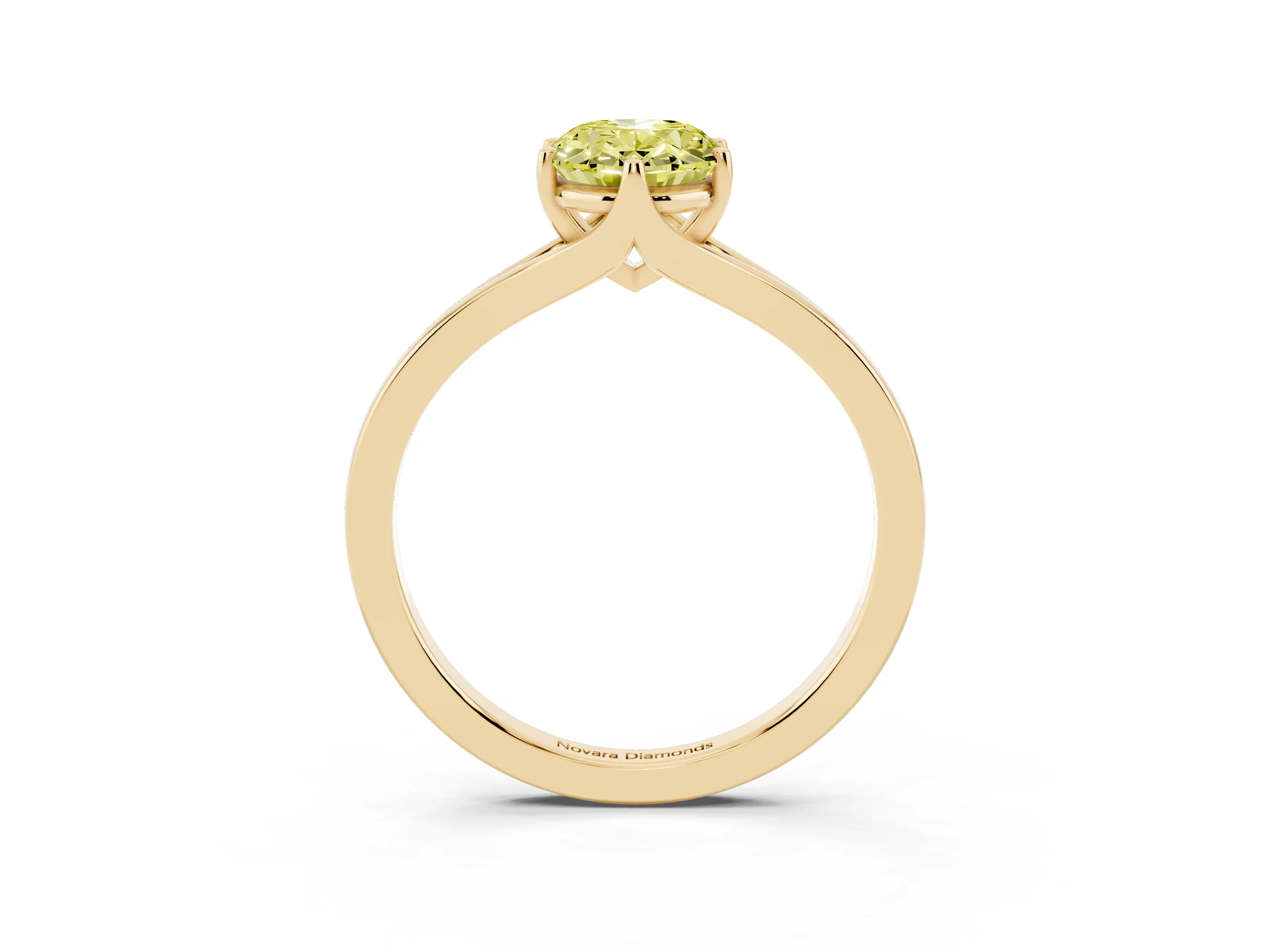 Fancy Yellow Oval Cut Diamond Solitaire Ring Set in Yellow gold with Polished Tapered Band and Prong Setting
