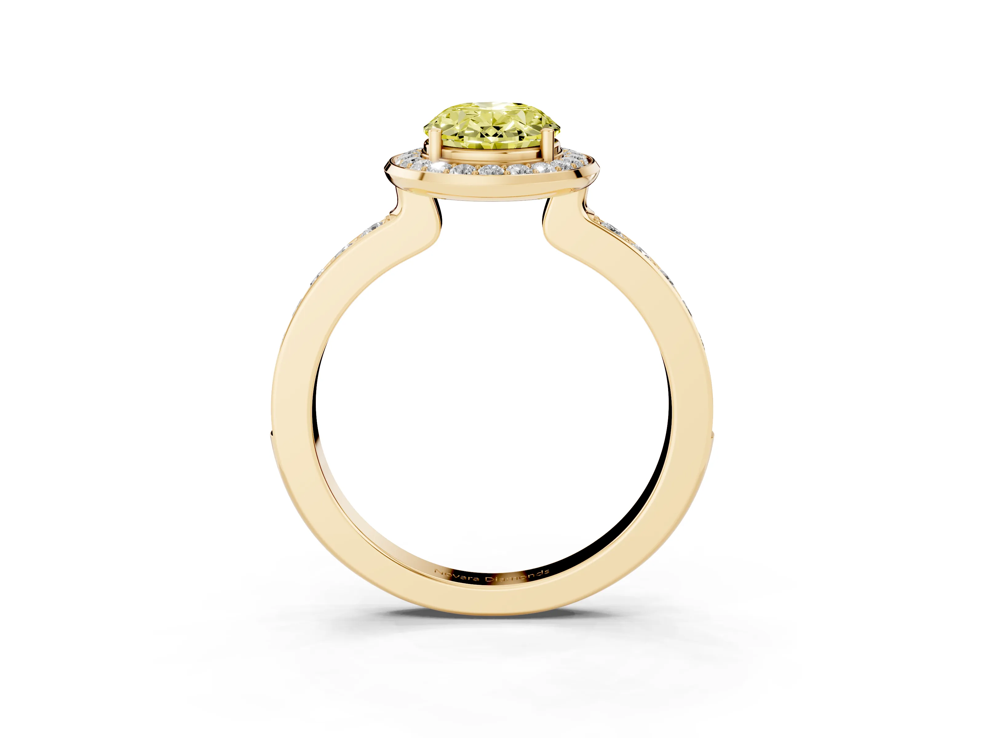 Fancy Yellow Oval Cut Diamond Halo Ring Set in Yellow gold with Bezel Frame and Pavé Band