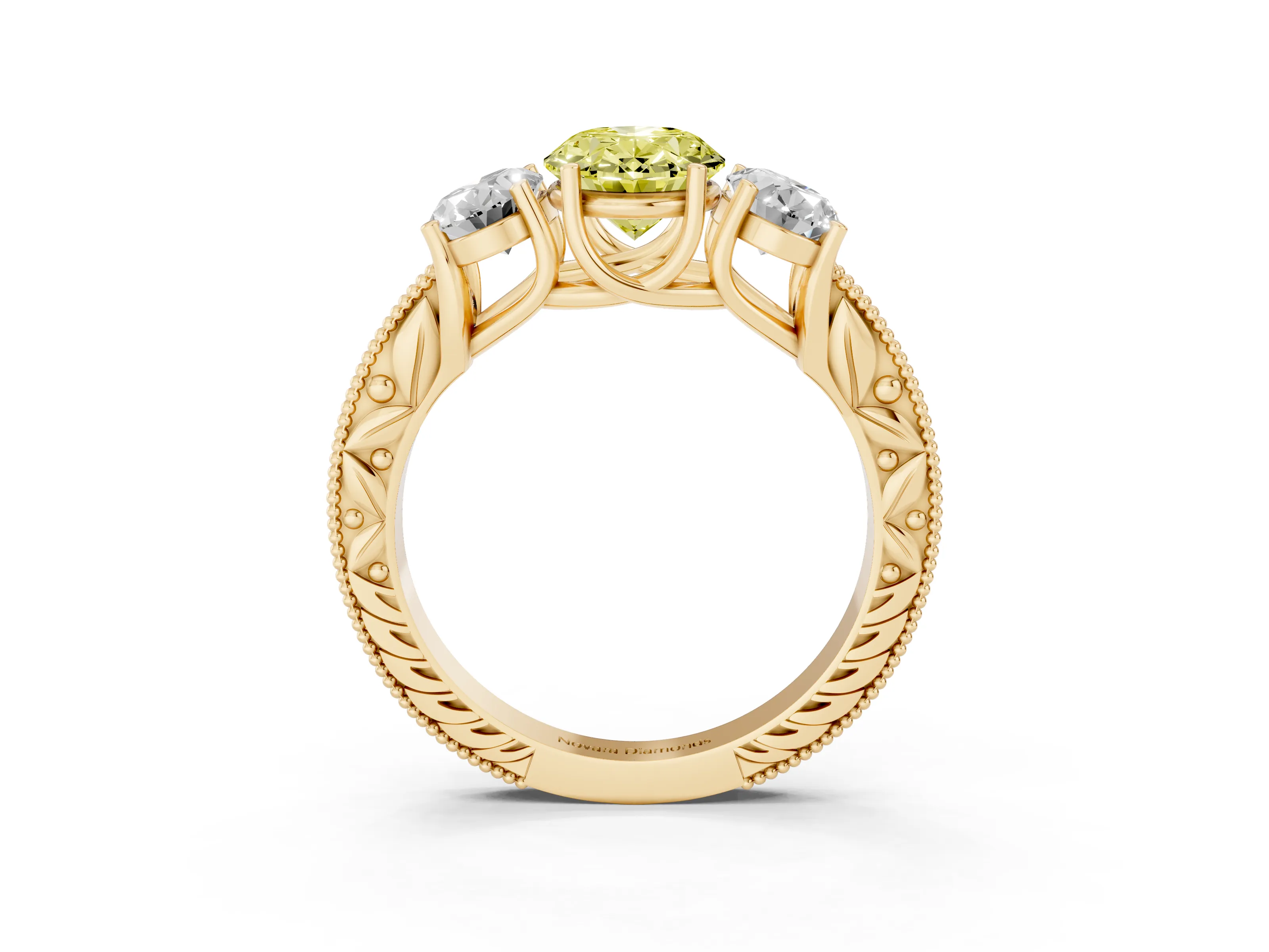Fancy Yellow Oval Cut Diamond Three-Stone Engagement Ring Set in Yellow gold with Milgrain Pavé Band