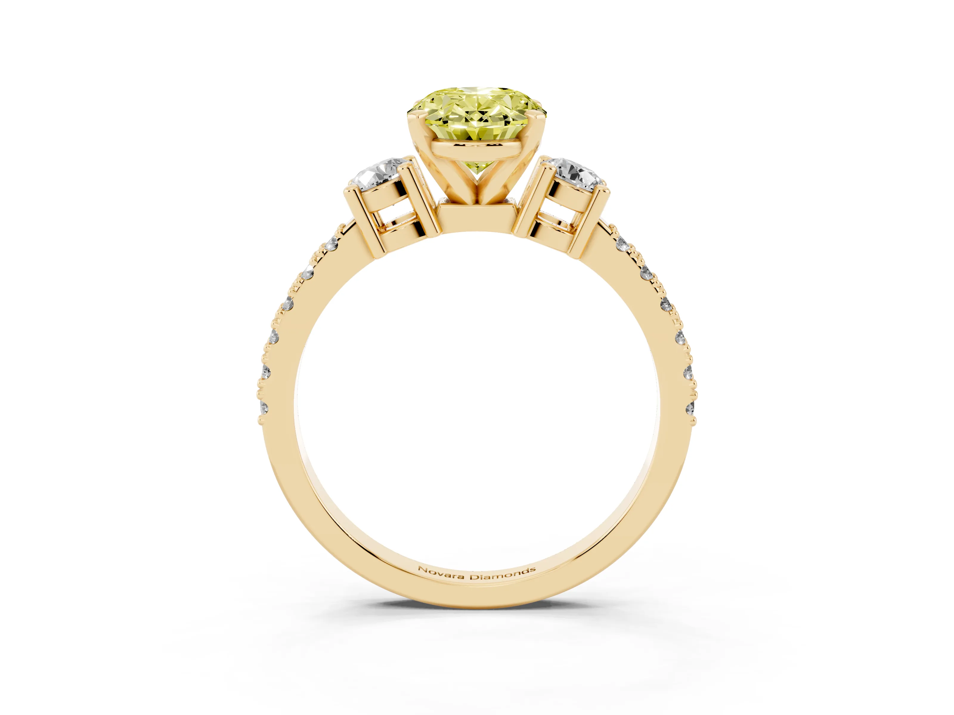Fancy Yellow Three-Stone Oval Cut Diamond Pavé Band Ring Set in Yellow gold with Prong Setting