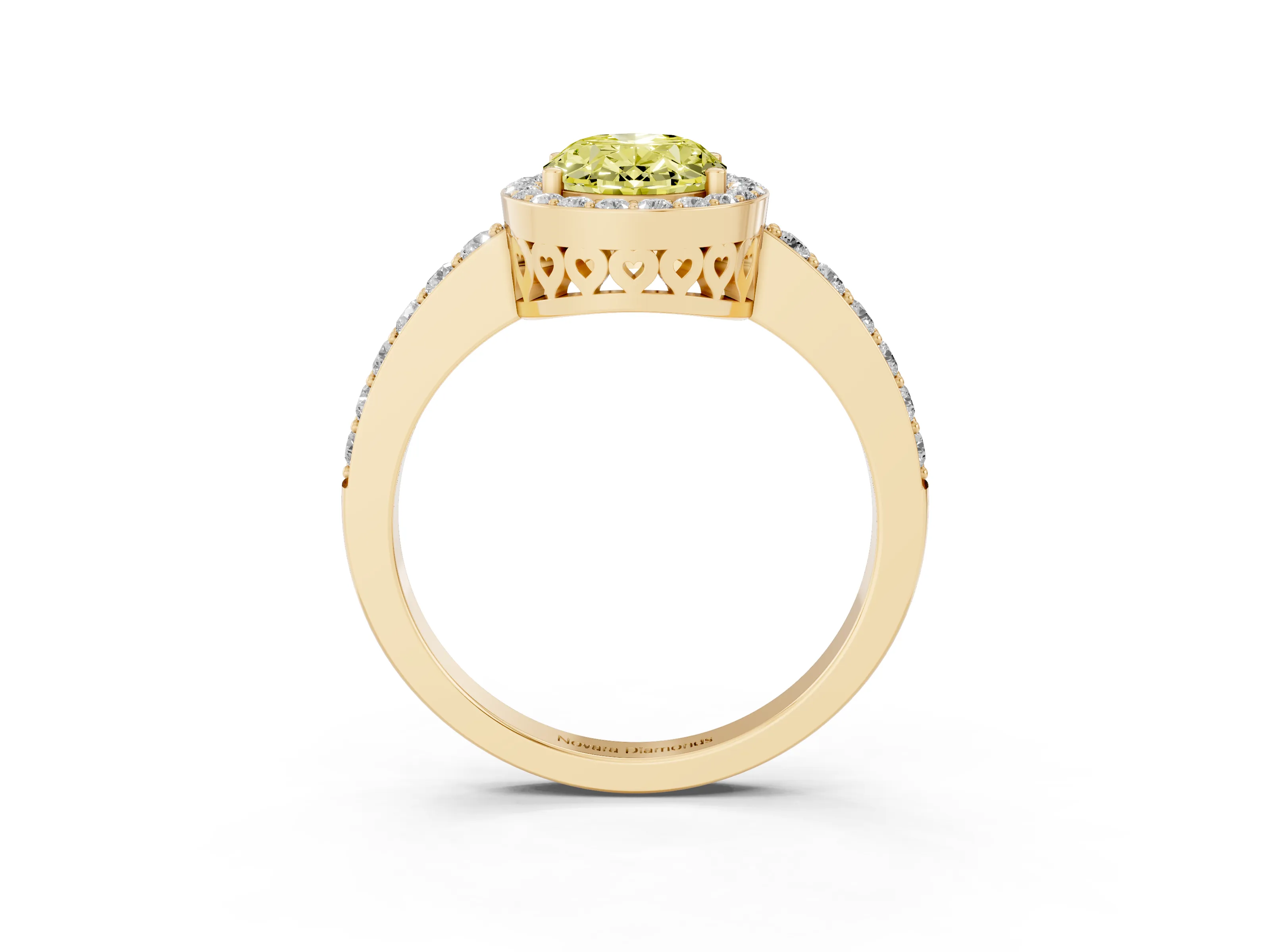 Fancy Yellow Oval Cut Diamond Halo Ring Set in Yellow gold with Pavé-Setting Band and Open Prong Center