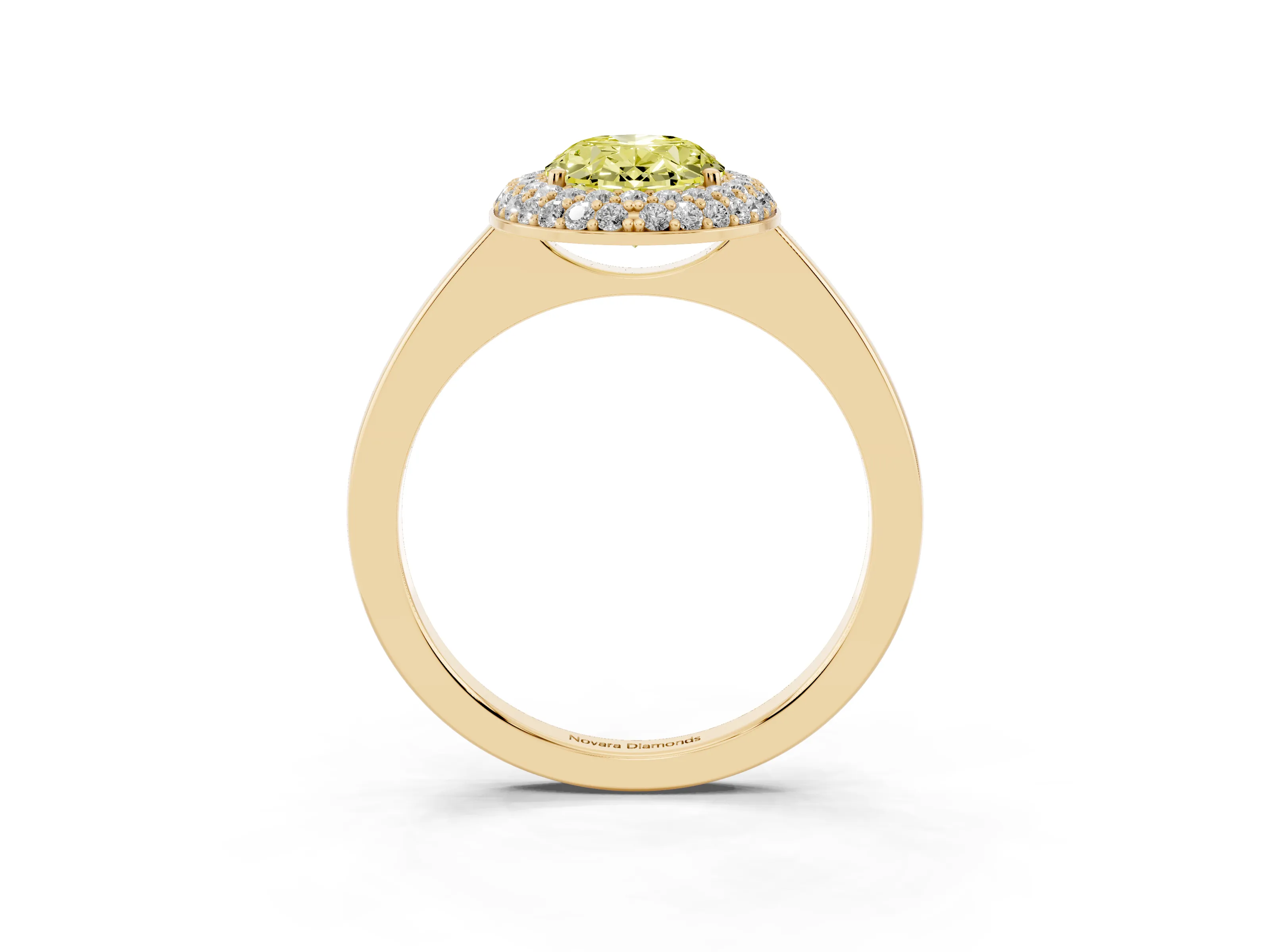 Fancy Yellow Oval Cut Diamond Halo Engagement Ring Set in Yellow gold with Solitaire Band and Prong Setting