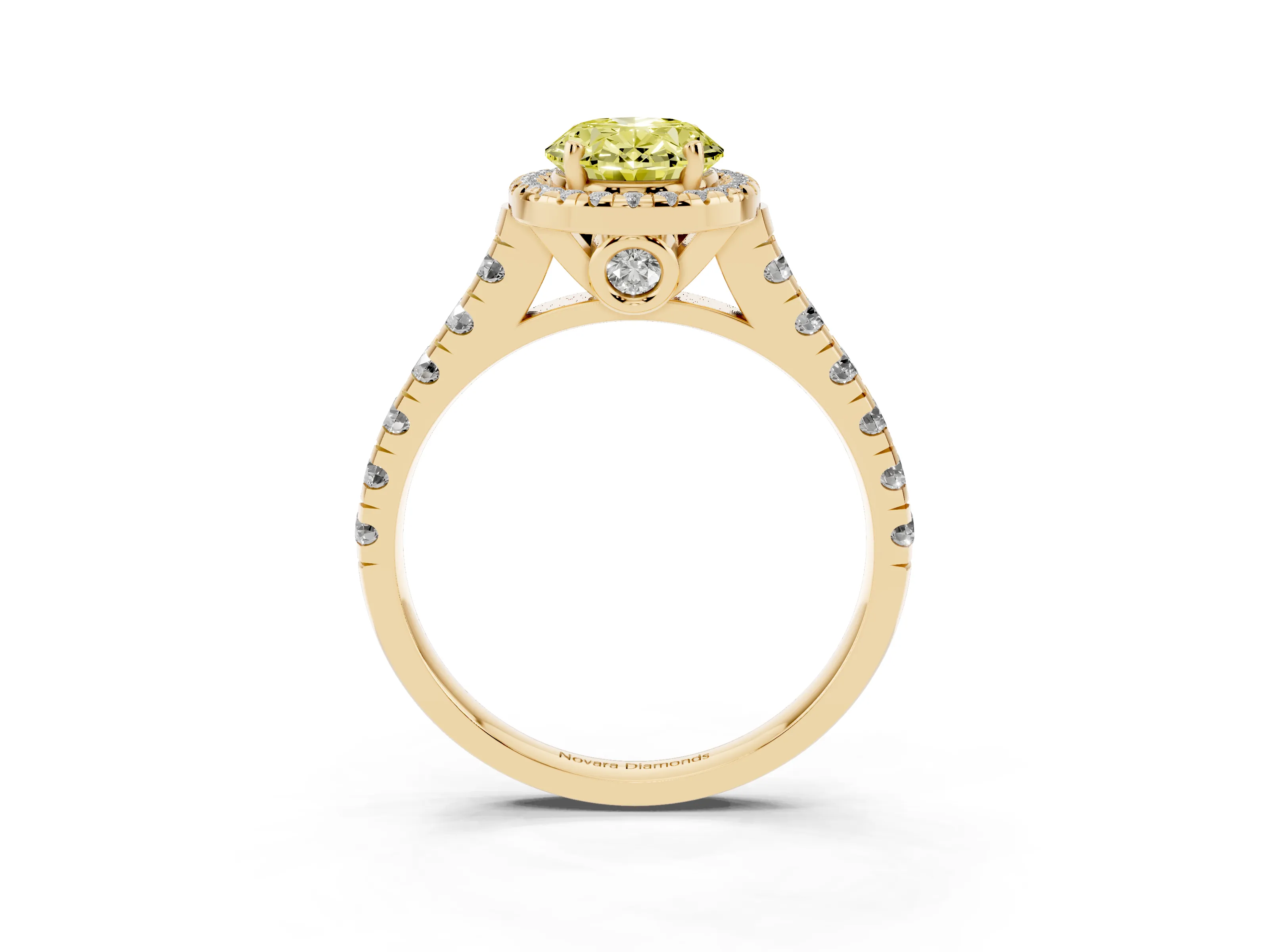 Fancy Yellow Oval Cut Diamond Halo Engagement Ring Set in Yellow gold with Pavé Band and Prong-Set Center