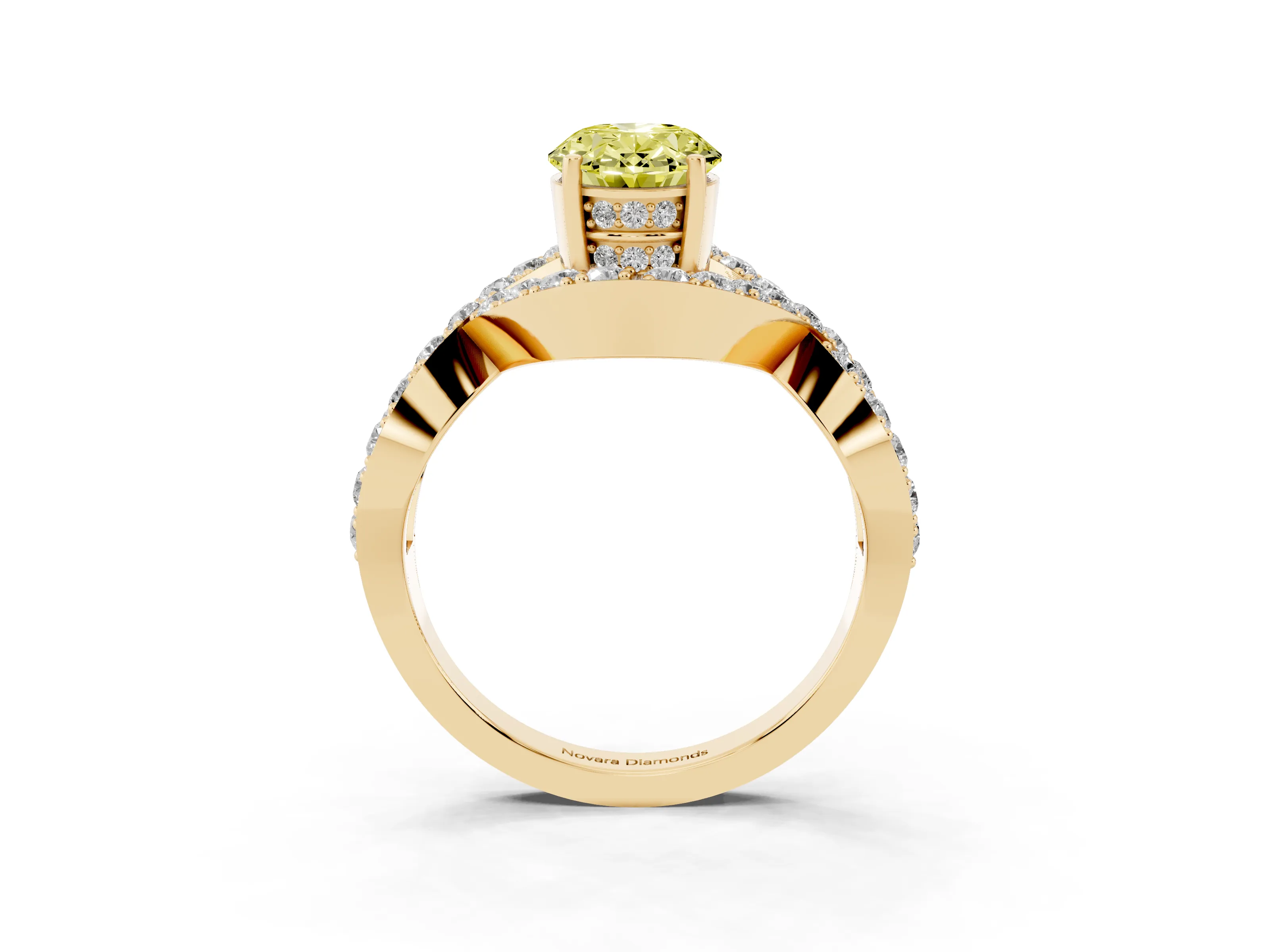 Fancy Yellow Oval Cut Diamond Solitaire Twist Band Pavé Engagement Ring Set in Yellow gold