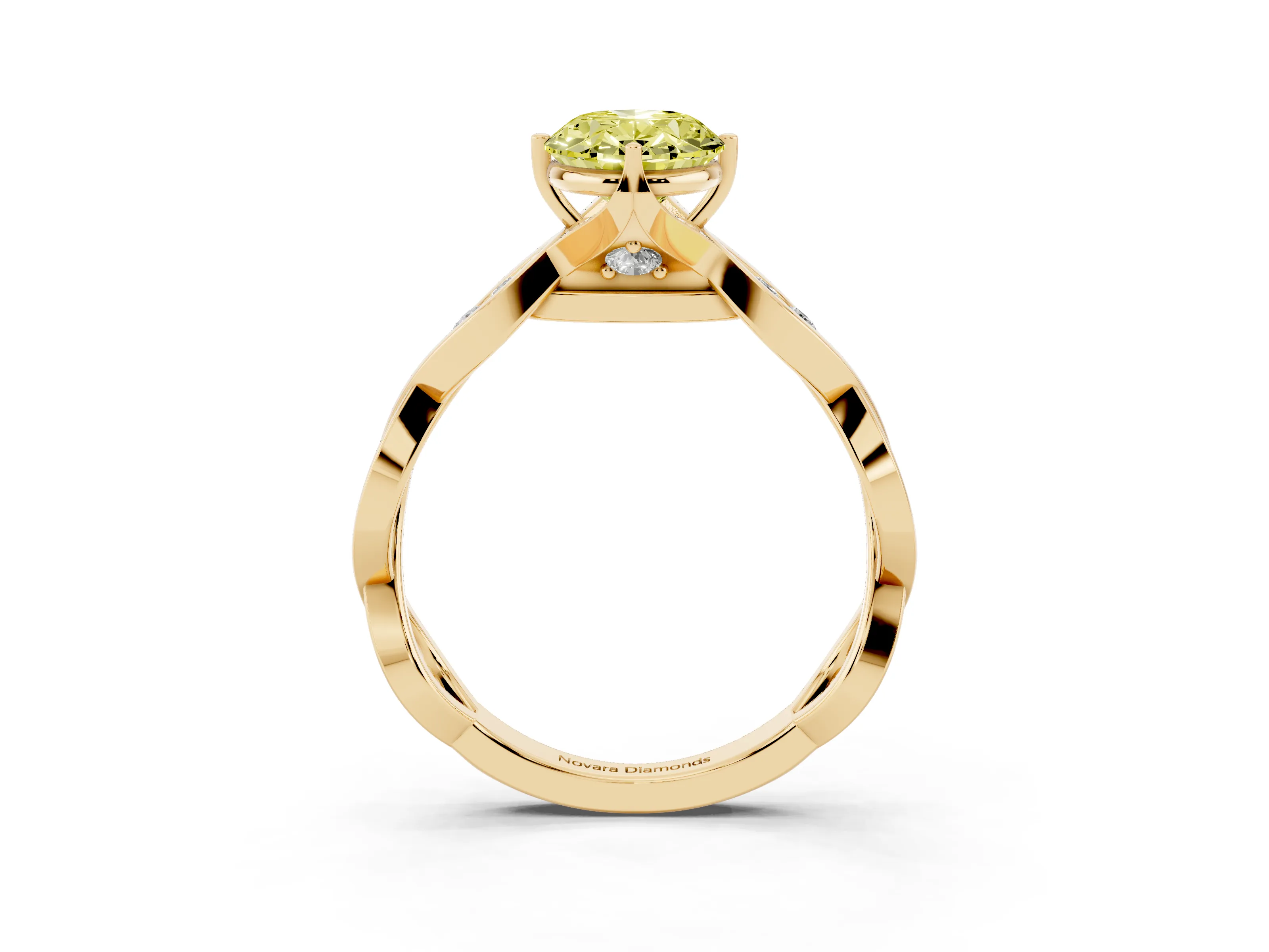 Fancy Yellow Oval Cut Diamond Twist Band Solitaire Ring Set in Yellow gold with Leaf Prong Setting and Accent Stones