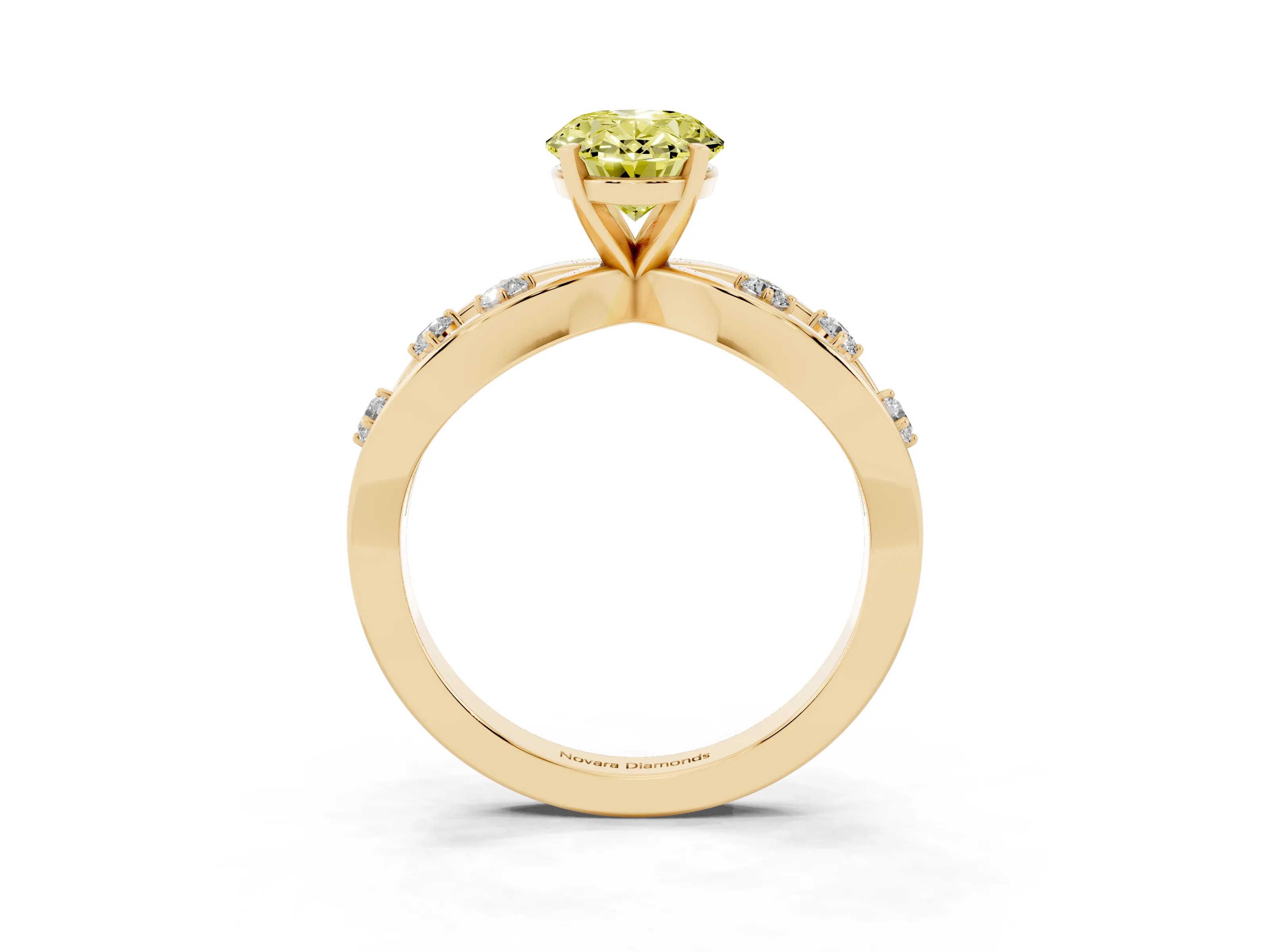 Fancy Yellow Oval Cut Diamond Solitaire Ring Set in Yellow gold with Side Stones on Criss-Cross Band and Prong Setting