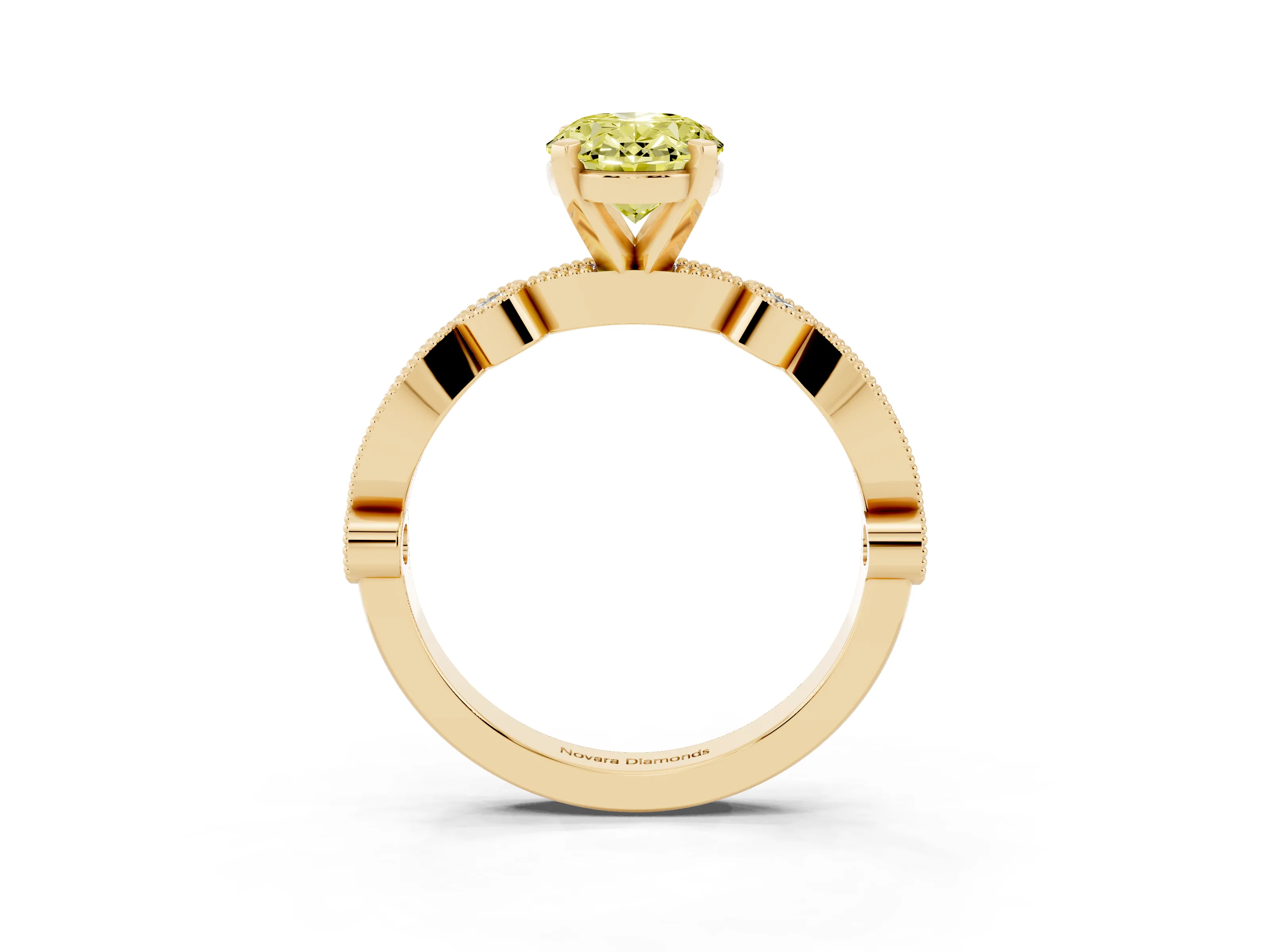 Fancy Yellow Oval Cut Diamond Solitaire Engagement Ring Set in Yellow gold with Milgrain Bezel Accent Band