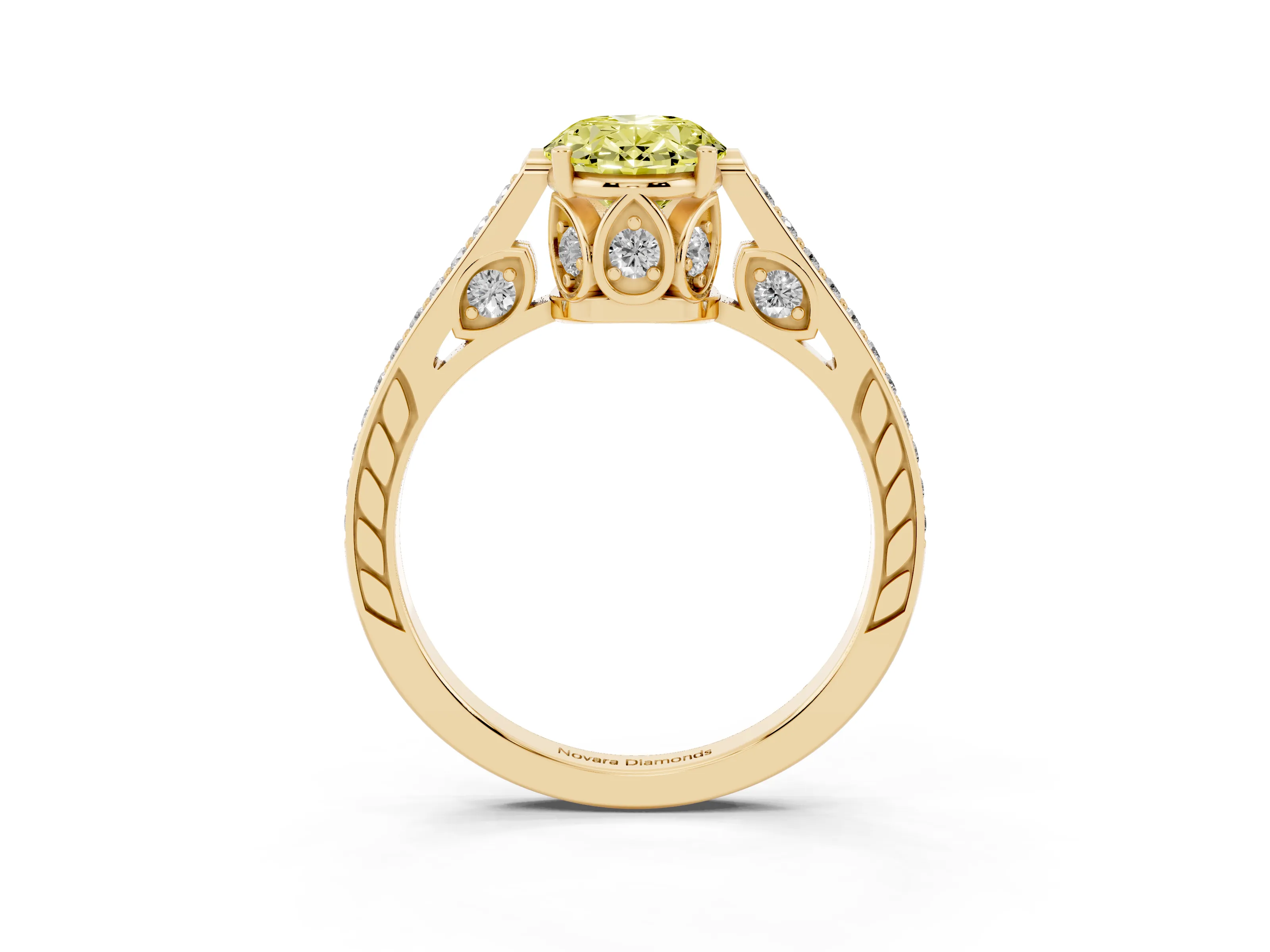 Fancy Yellow Oval Cut Diamond Cathedral Pavé Engagement Ring Set in Yellow gold with Prong Setting
