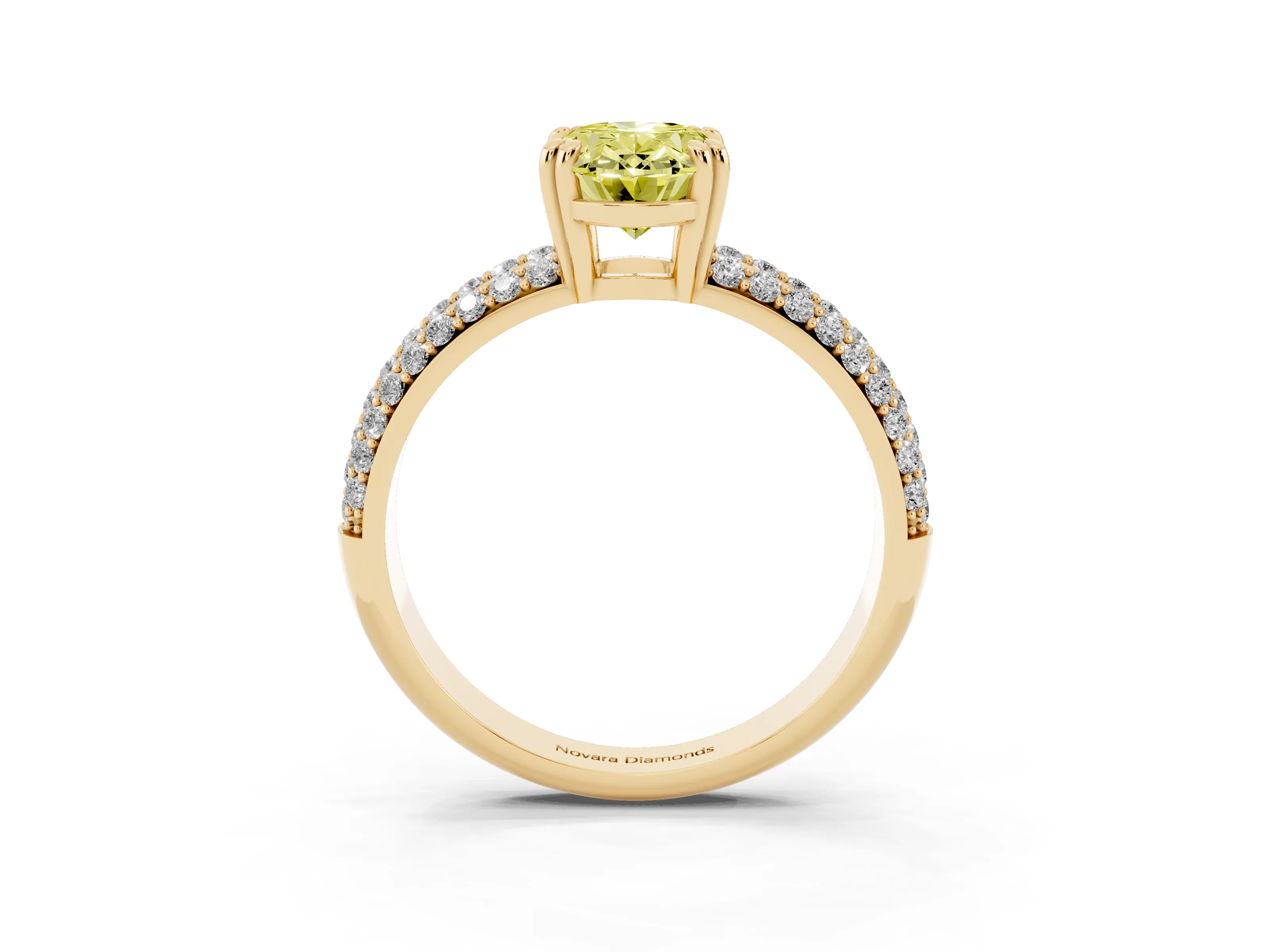 Fancy Yellow Oval Cut Diamond Solitaire Ring Set in Yellow gold with Multi-Row Round Pavé Band and Prong Setting