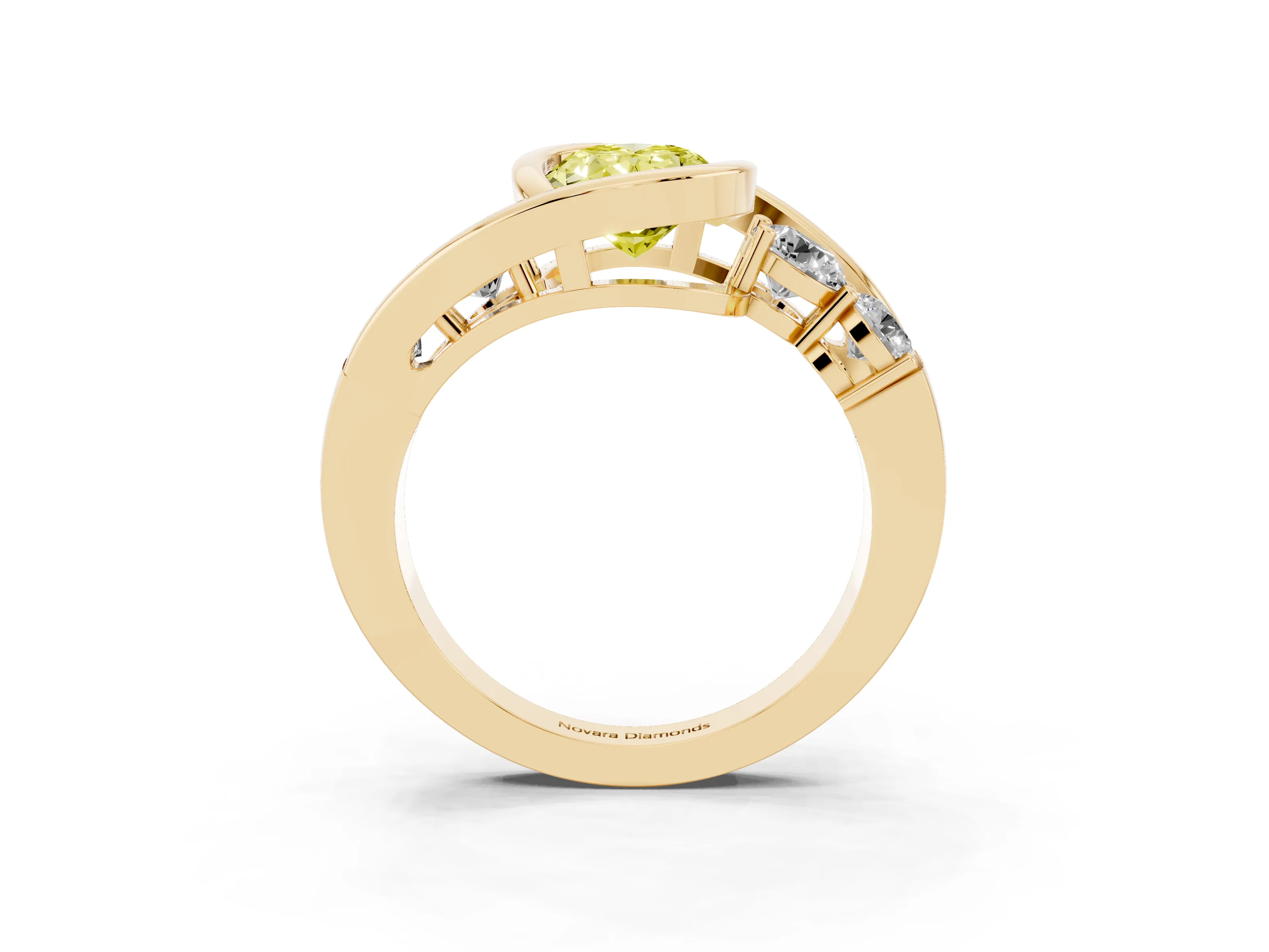 Fancy Yellow Oval Cut Diamond Bezel Bypass Ring Set in Yellow gold with Round Accents