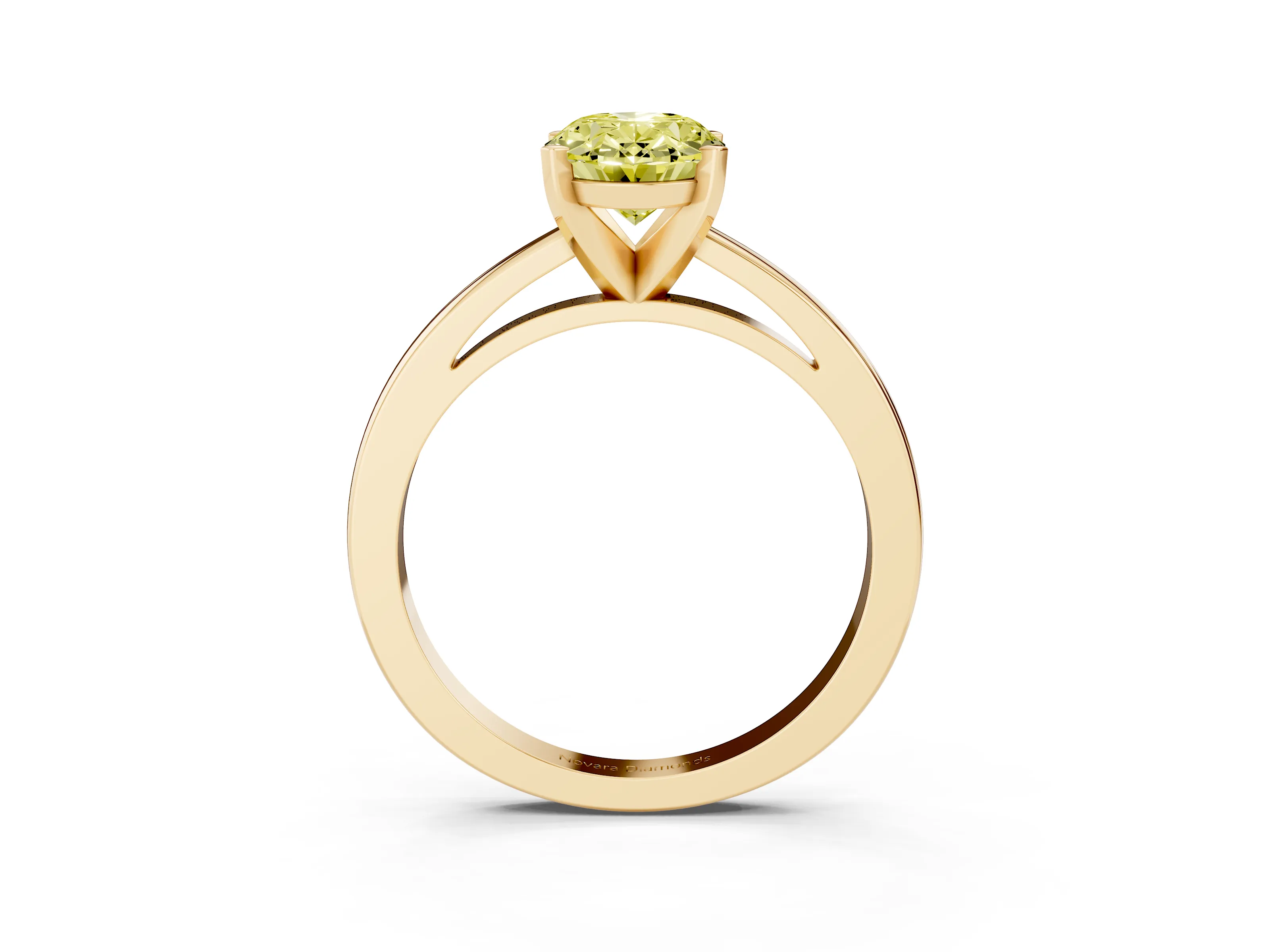 Fancy Yellow Oval Cut Diamond Solitaire Engagement Ring Set in Yellow gold with Prong Setting on a Classic Band