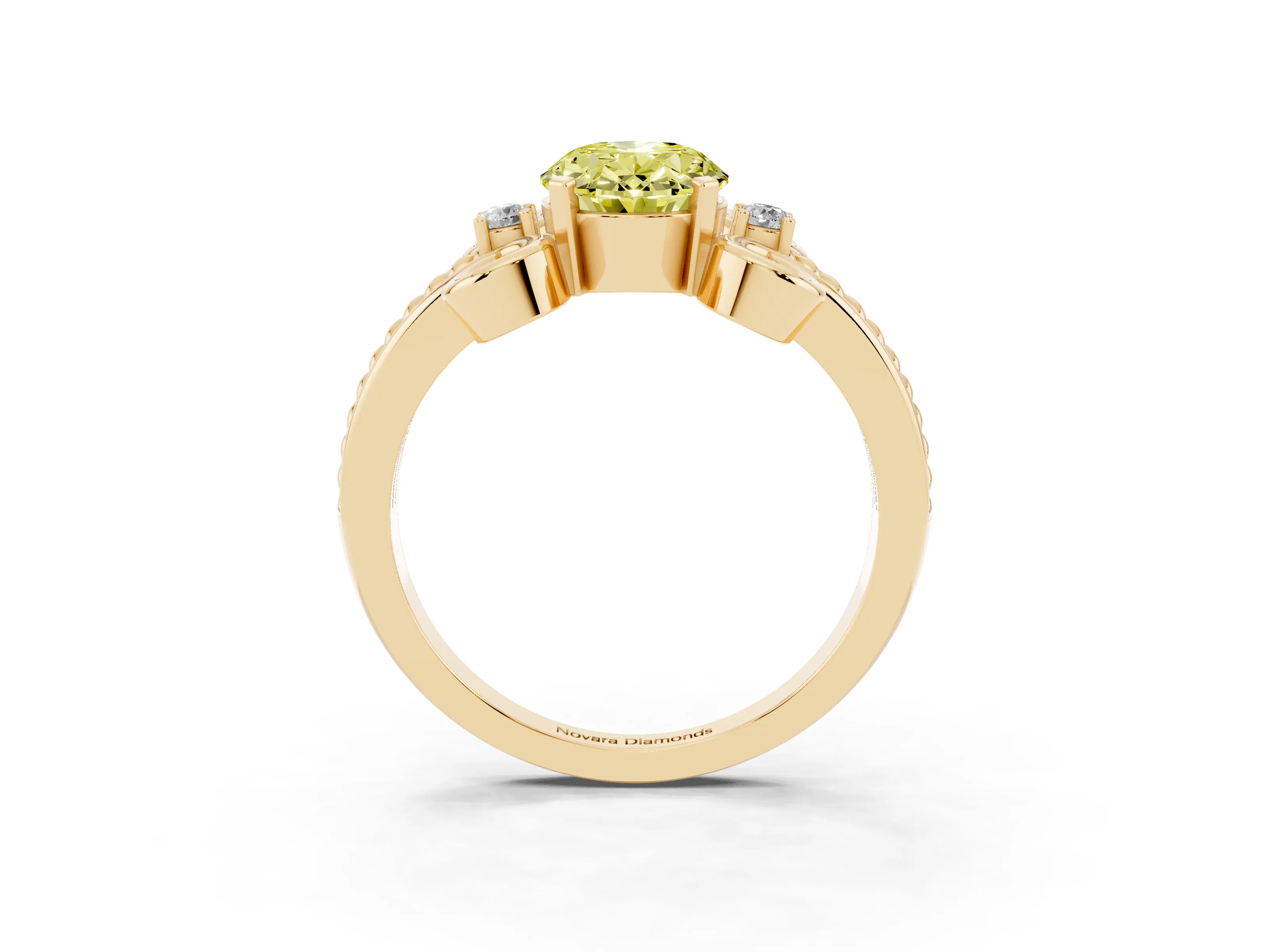 Fancy Yellow Oval Cut Diamond Twisted Band Solitaire Ring Set in Yellow gold with Scroll Prongs