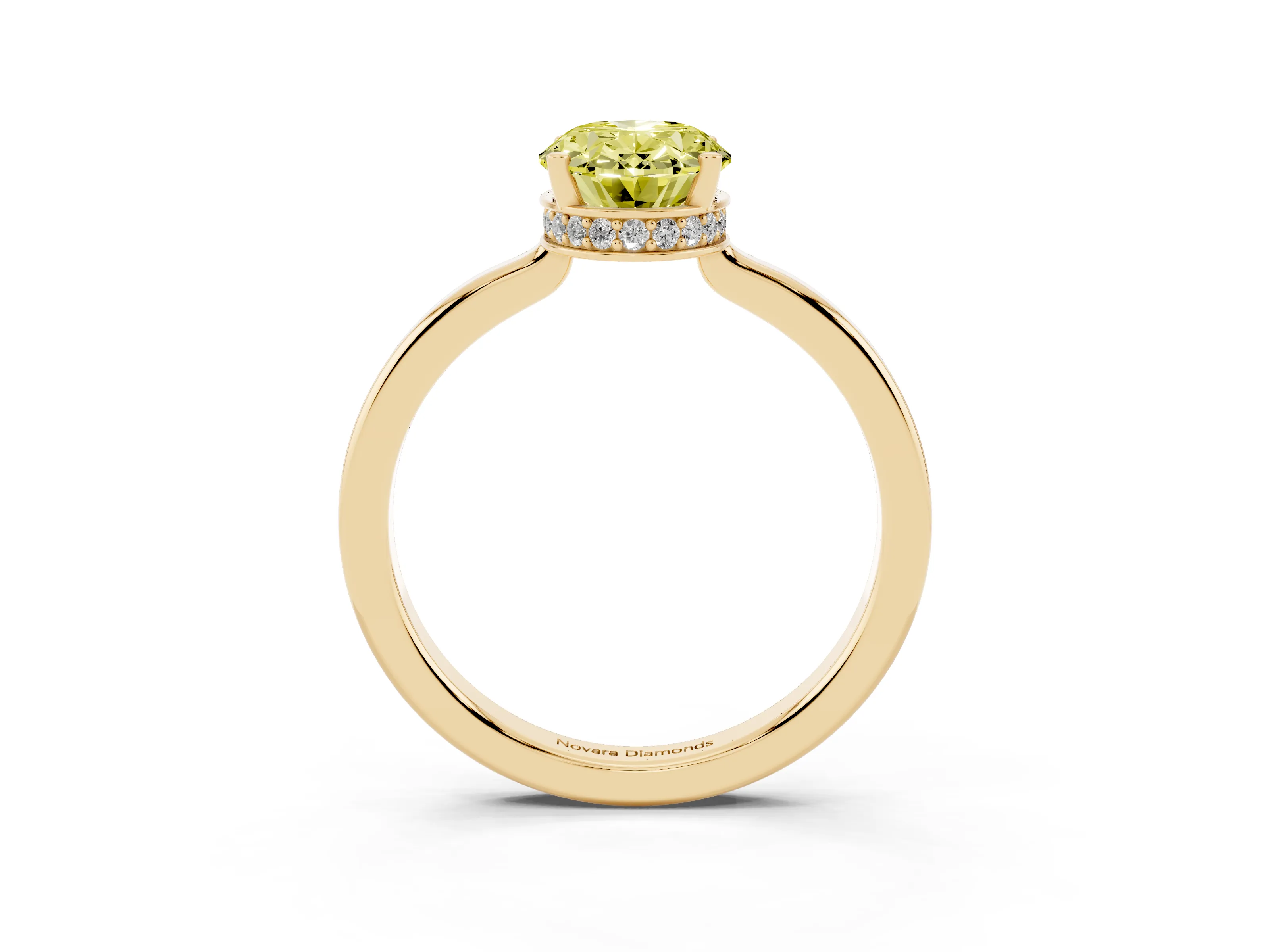 Fancy Yellow Oval Cut Diamond Solitaire Engagement Ring Set in Yellow gold with Prong Setting on a Plain Band