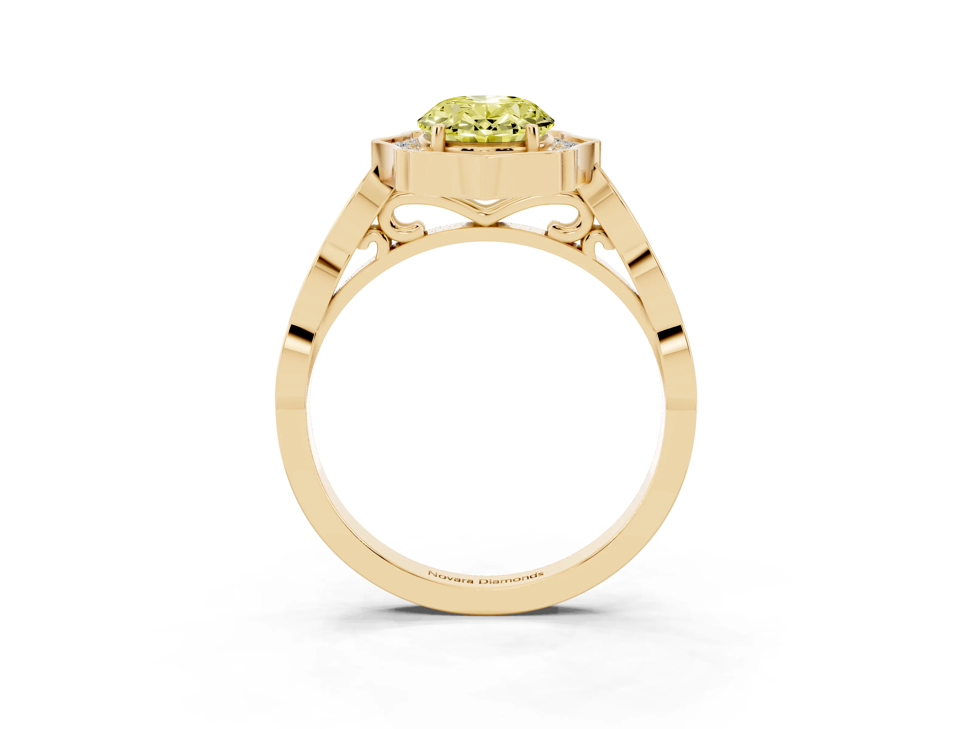 Fancy Yellow Oval Cut Diamond Halo Engagement Ring Set in Yellow gold with Milgrain Band and Prong Setting