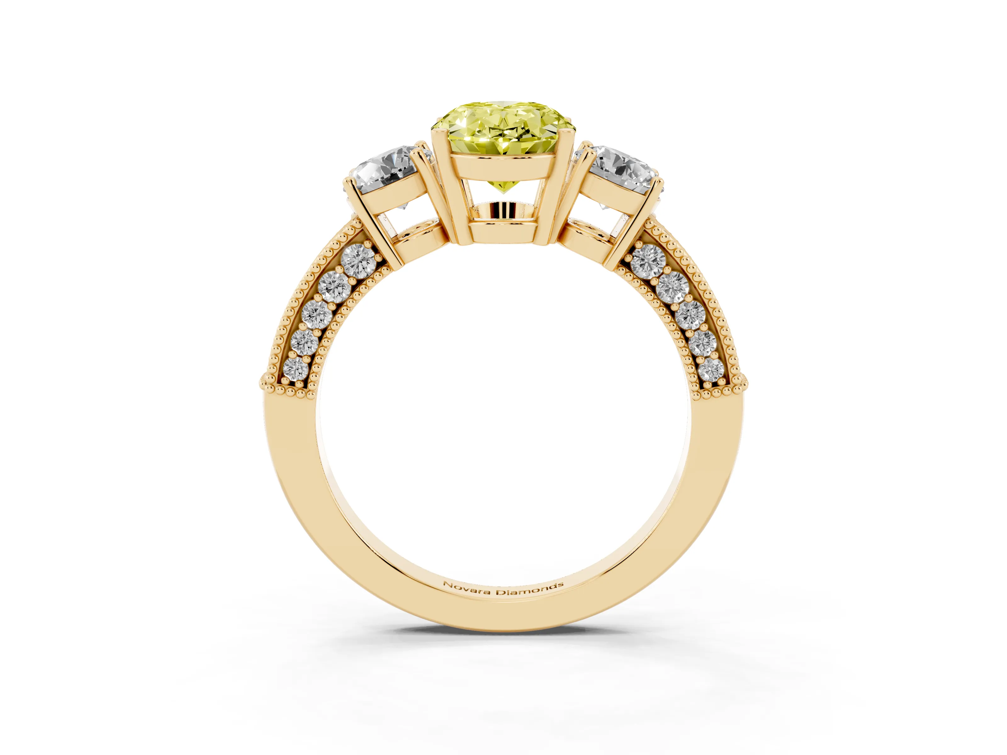 Fancy Yellow Oval Cut Diamond Three-Stone Ring Set in Yellow gold with Round Side Stones and Pavé Band