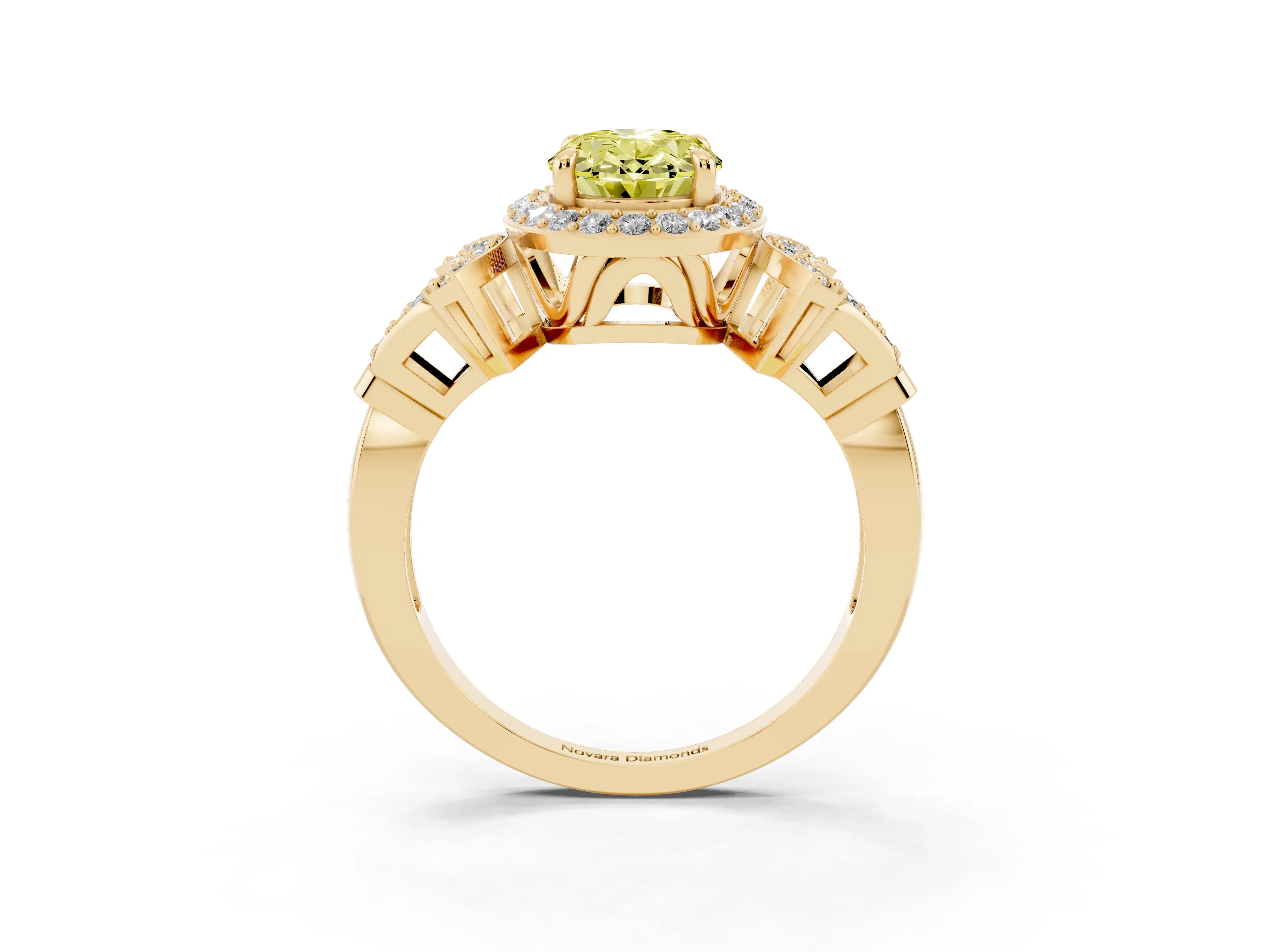 Fancy Yellow Oval Cut Diamond Halo Engagement Ring Set in Yellow gold with Accent Stone Split Shank
