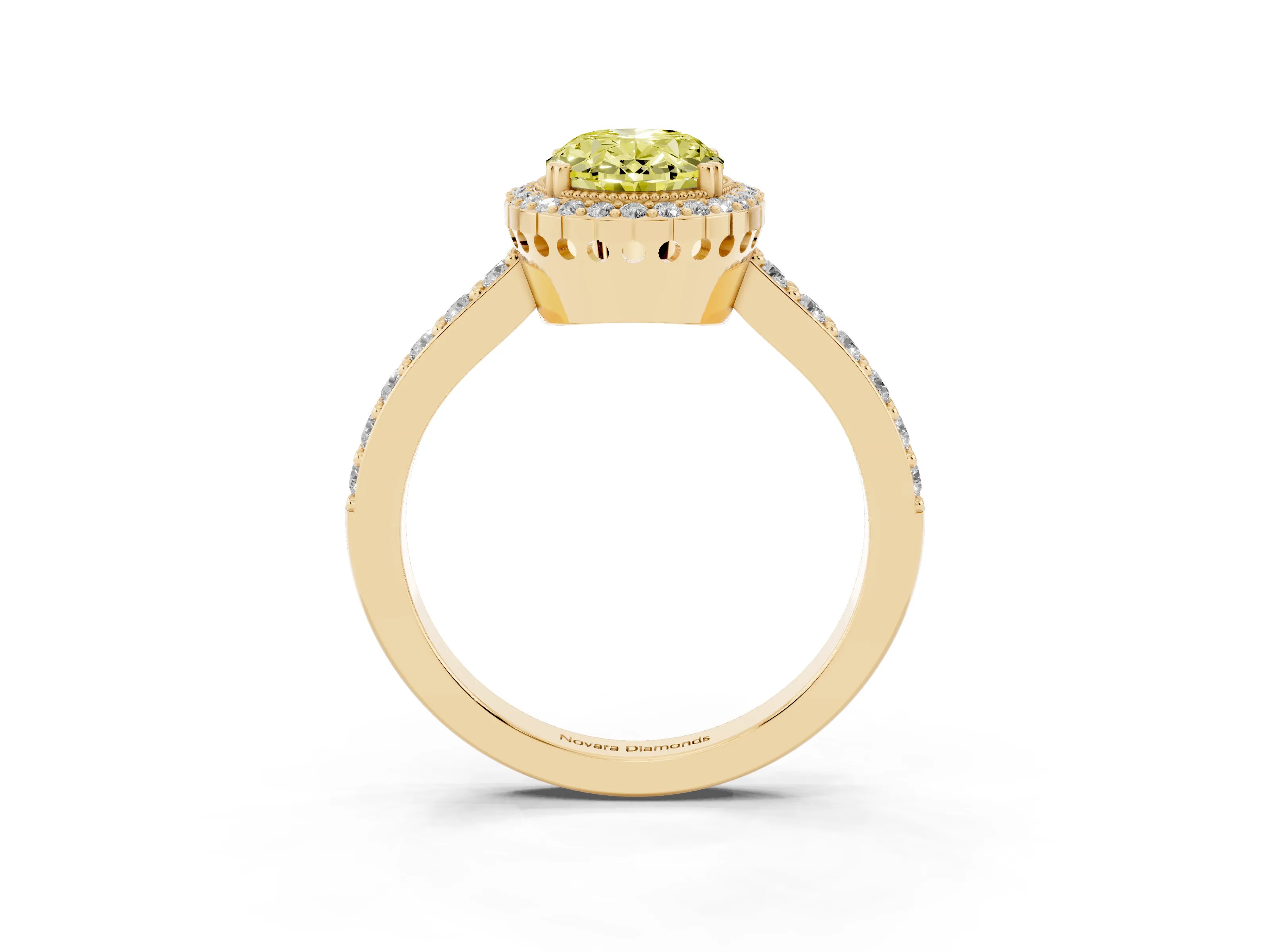 Fancy Yellow Oval Cut Diamond Halo Engagement Ring Set in Yellow gold with Milgrain Detail and Pavé Band