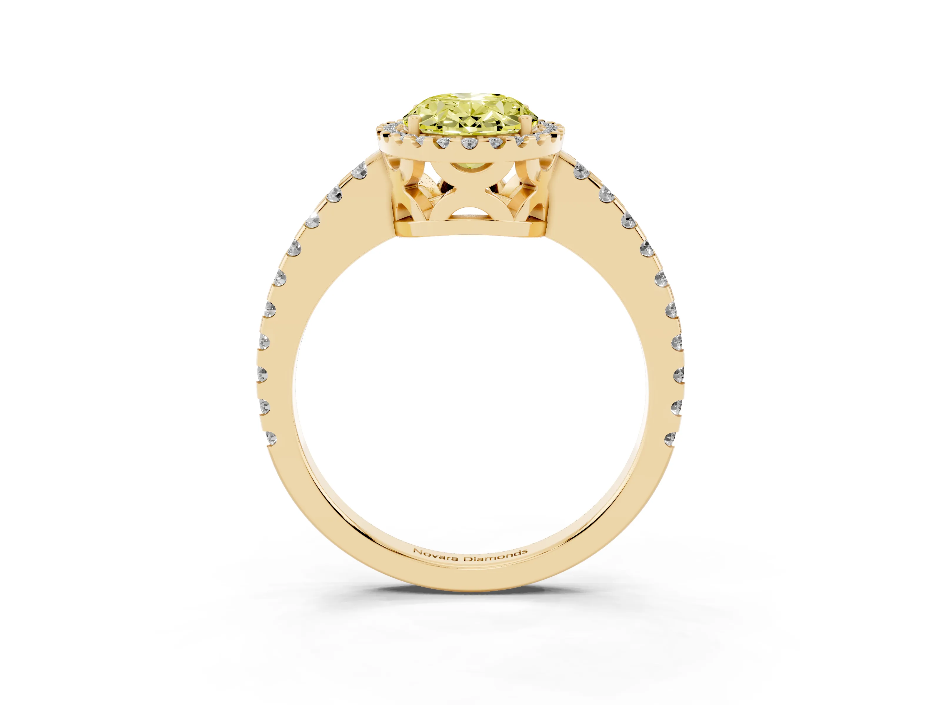 Fancy Yellow Oval Cut Diamond Halo Ring Set in Yellow gold with Pavé Shoulders and Halo-Framed Center