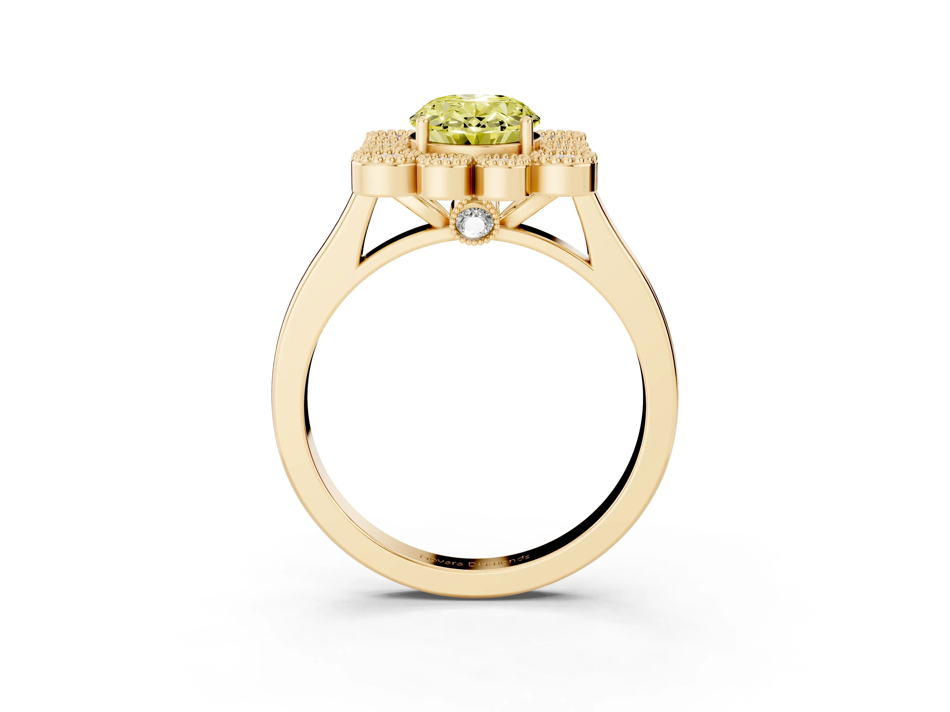 Fancy Yellow Oval Cut Diamond Cluster Halo Ring Set in Yellow gold with Milgrain Bezel Accents and Plain Band