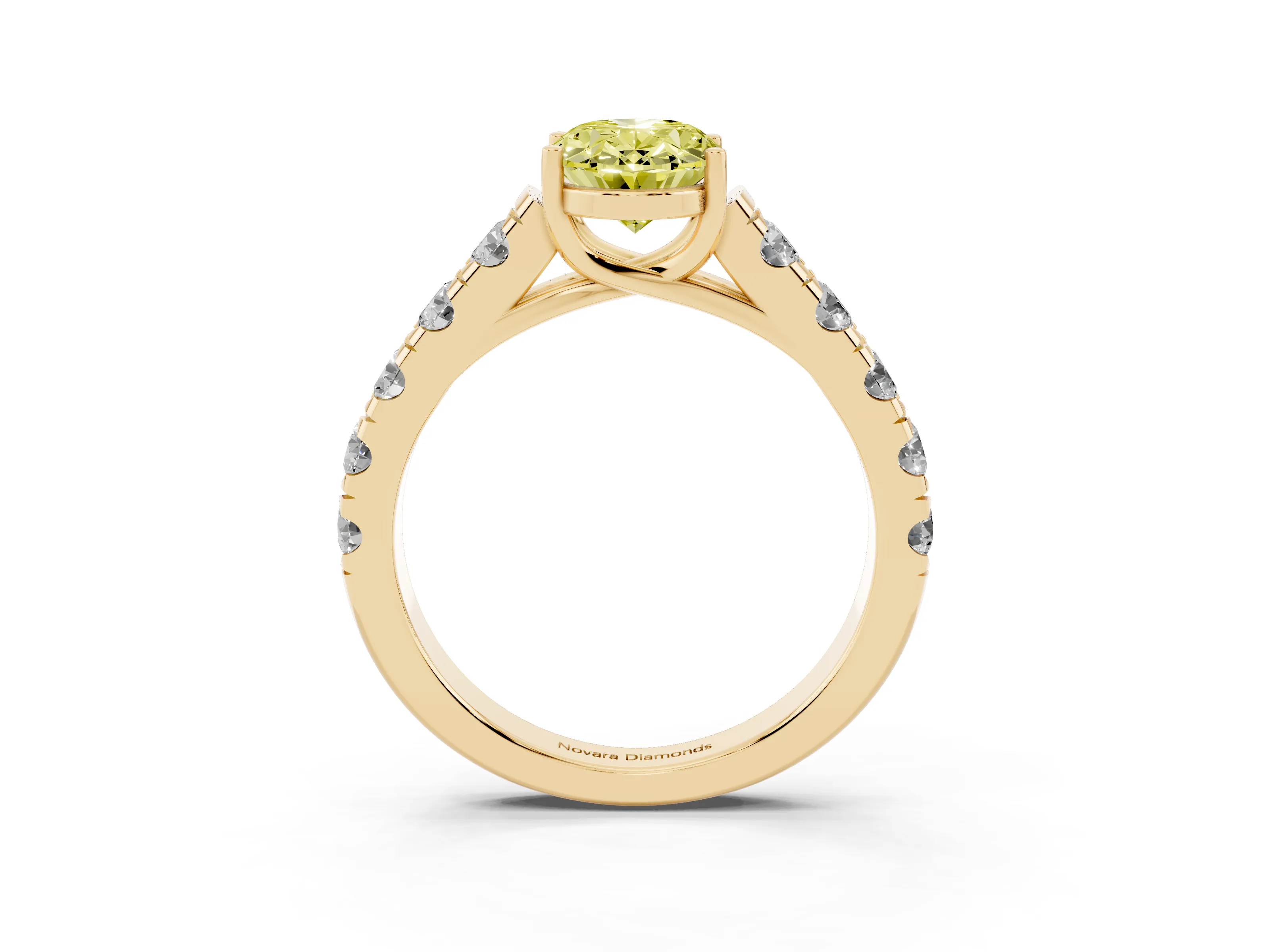 Fancy Yellow Oval Cut Diamond Solitaire Ring Set in Yellow gold with Cut-Down Micro Pavé Band and Prong Setting