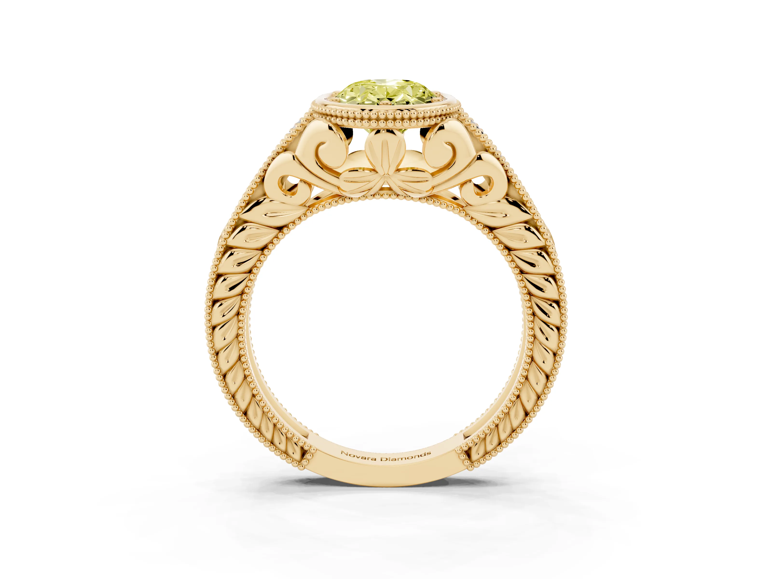 Fancy Yellow Bezel Set Oval Cut Diamond Milgrain Pavé Engagement Ring Set in Yellow gold