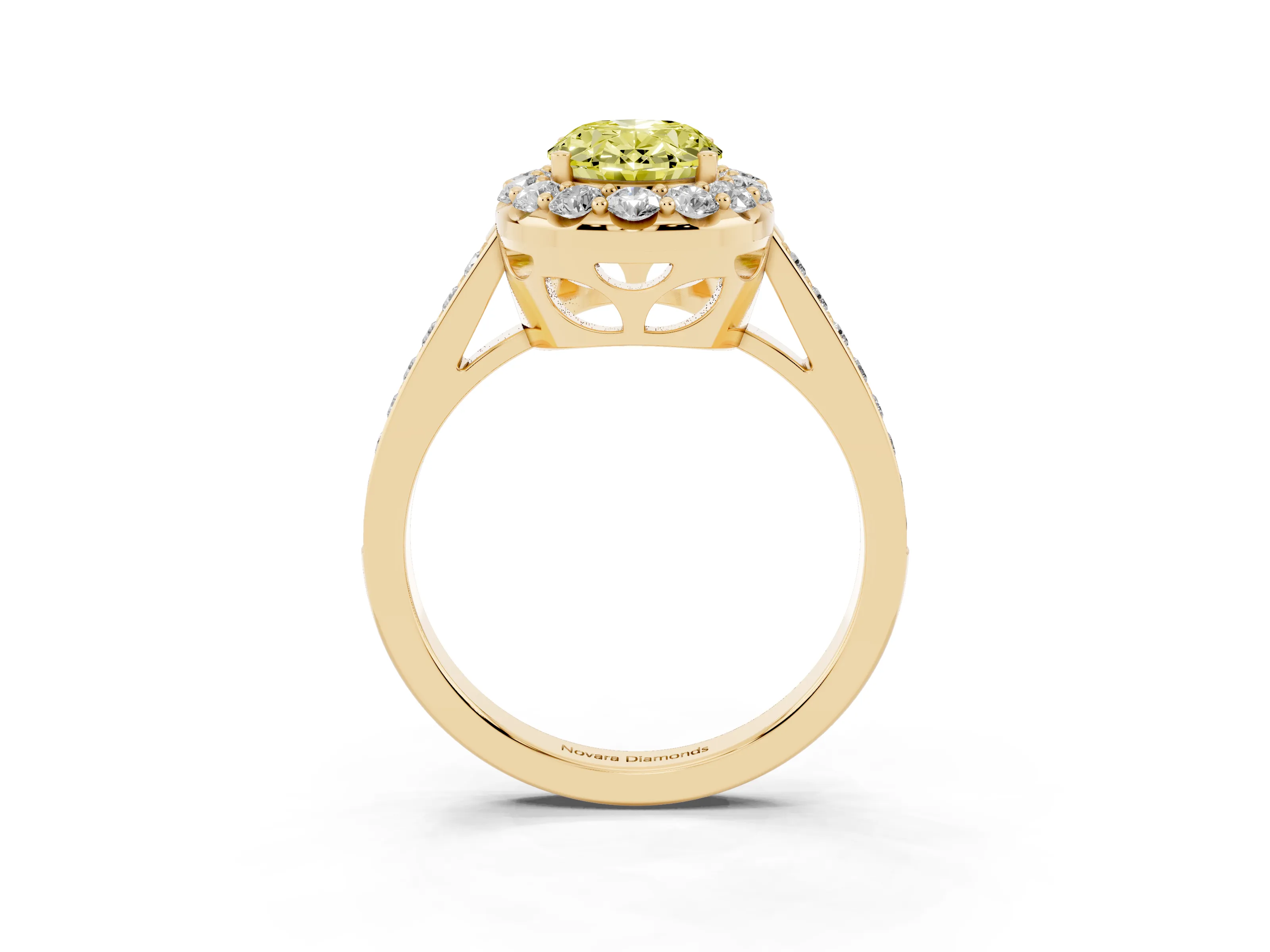 Fancy Yellow Oval Cut Diamond Floral Halo Ring Set in Yellow gold with Pavé Band and Prong Setting