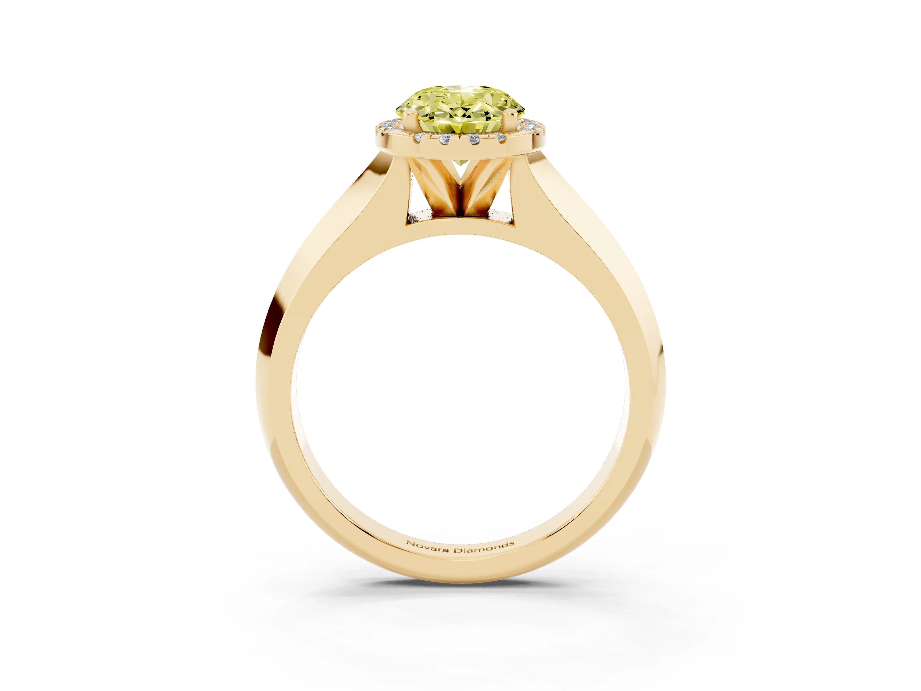 Fancy Yellow Oval Cut Diamond Halo Ring Set in Yellow gold with Cathedral Band and Prong Setting